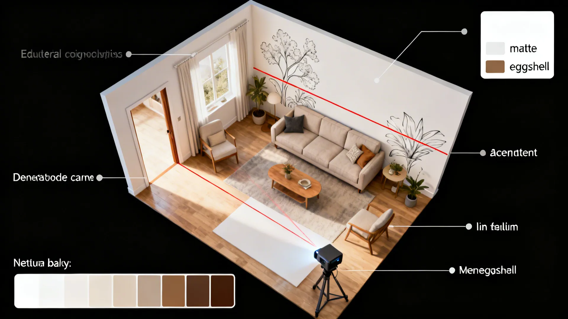 Interior design drawing showing a living room layout with wall art labels and a projector
