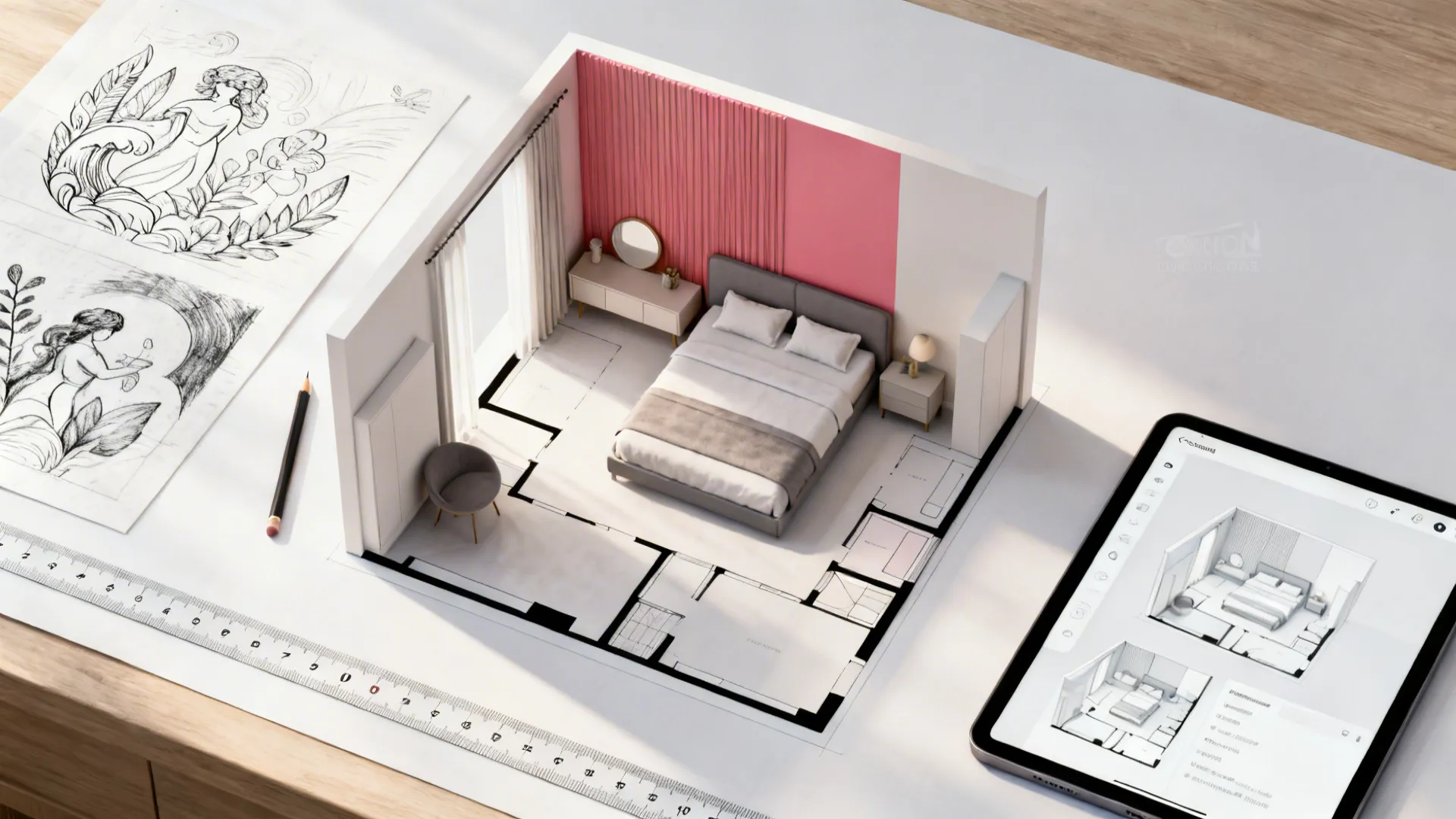 Top-down view of a mural planning layout with floor plan, furniture placement, sketches and a tablet mockup.