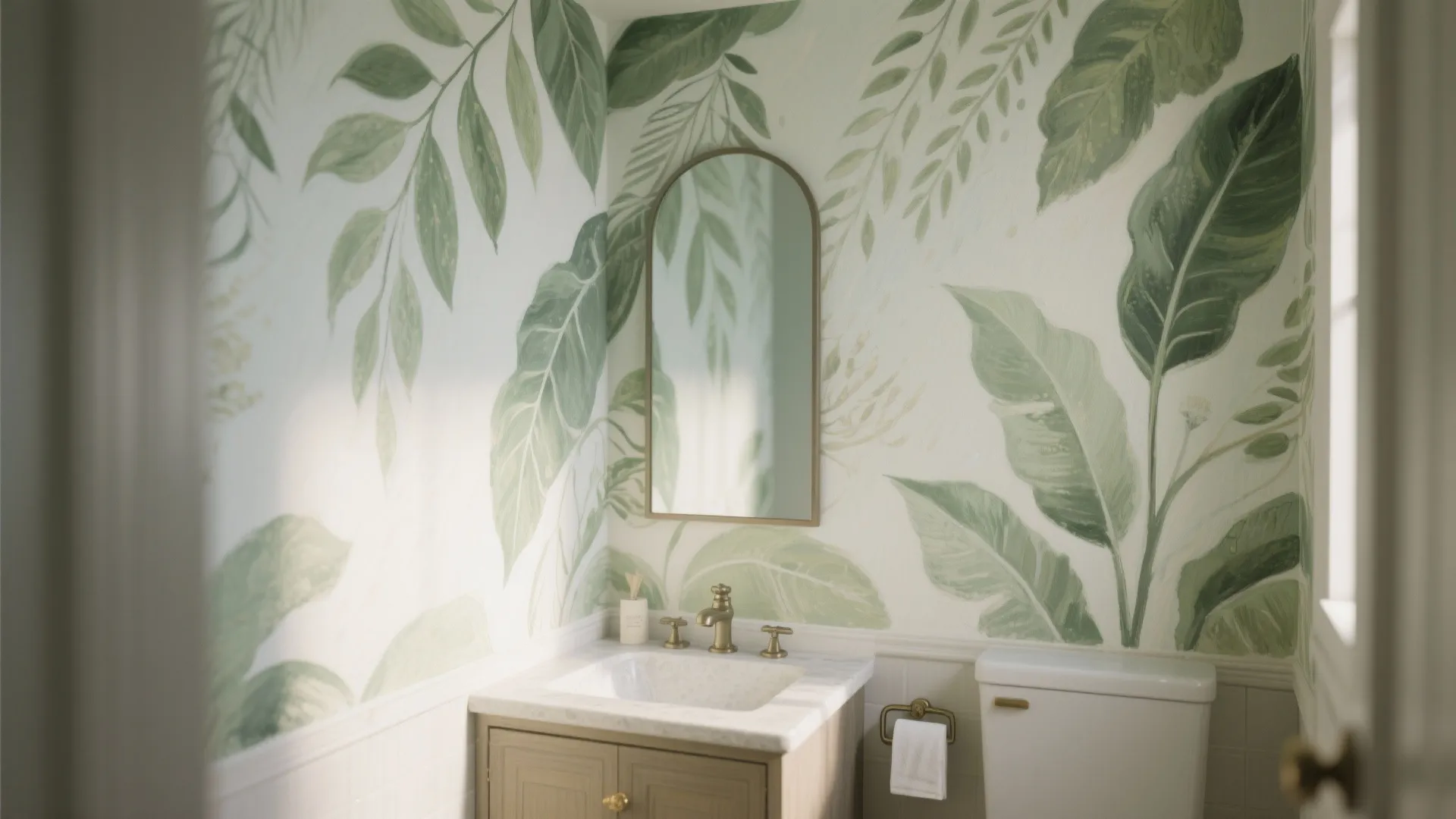 Small bathroom with green leaf wallpaper wooden cabinet white sink gold faucet and arched wall mirror