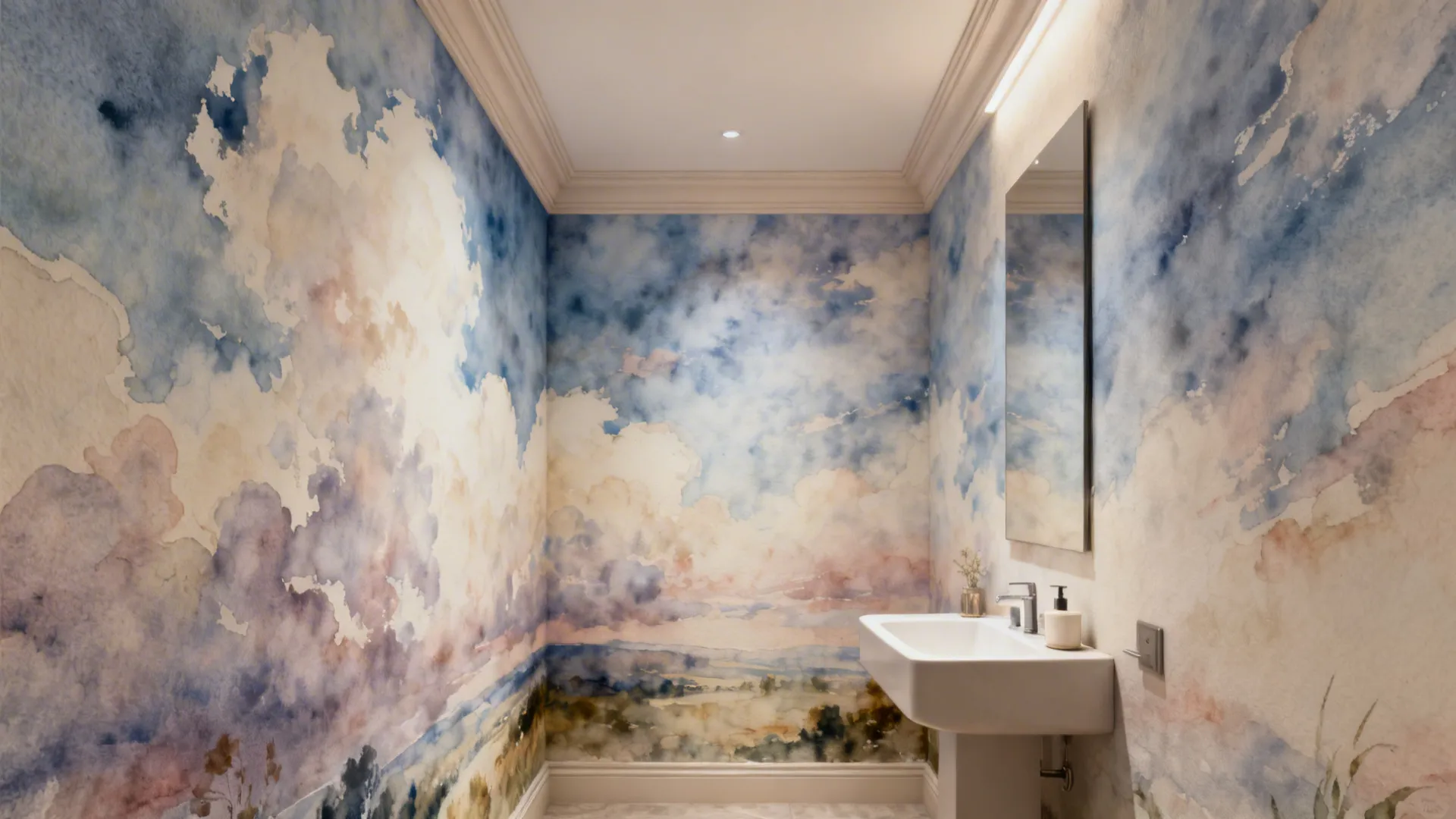 Narrow powder room with an oversized hand-painted sky mural and pale trims creating a dramatic focal point.