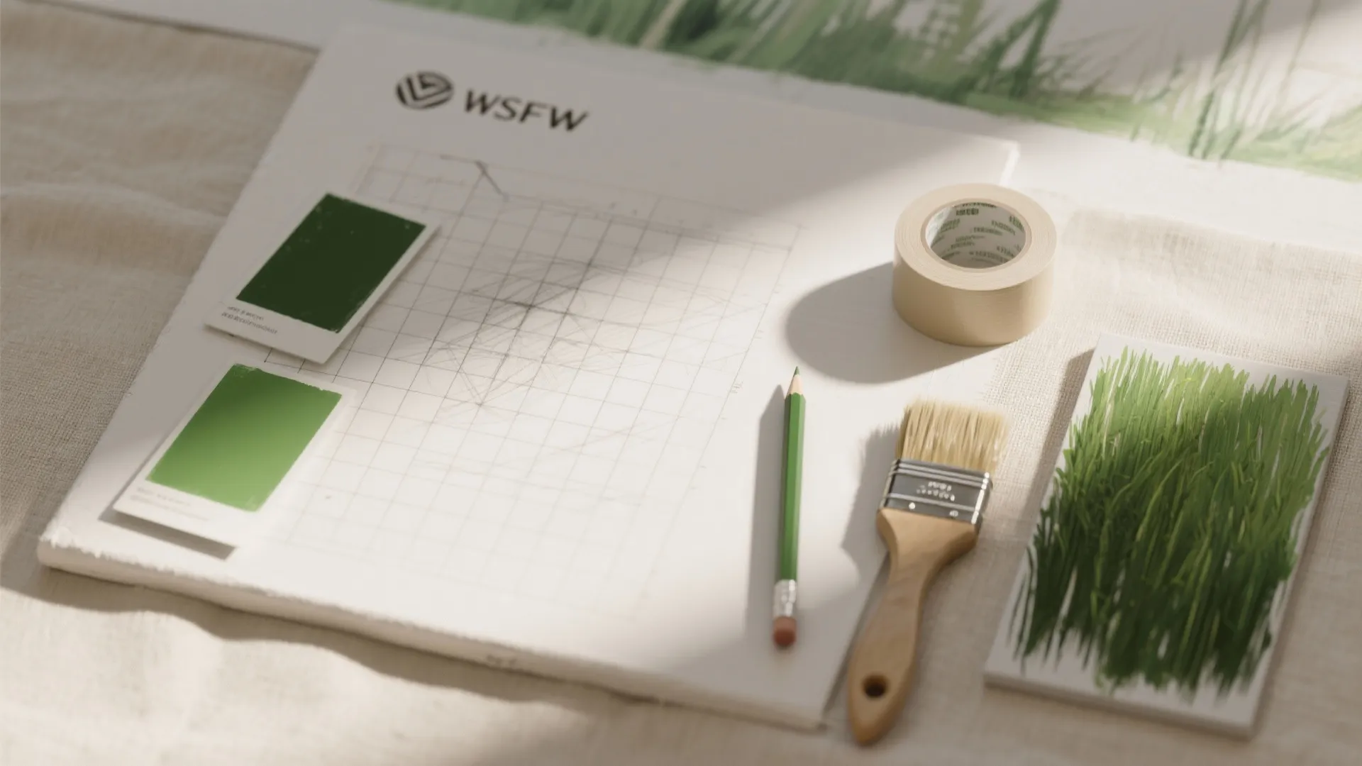 Art project tools including a pencil brush tape and green color cards on white paper