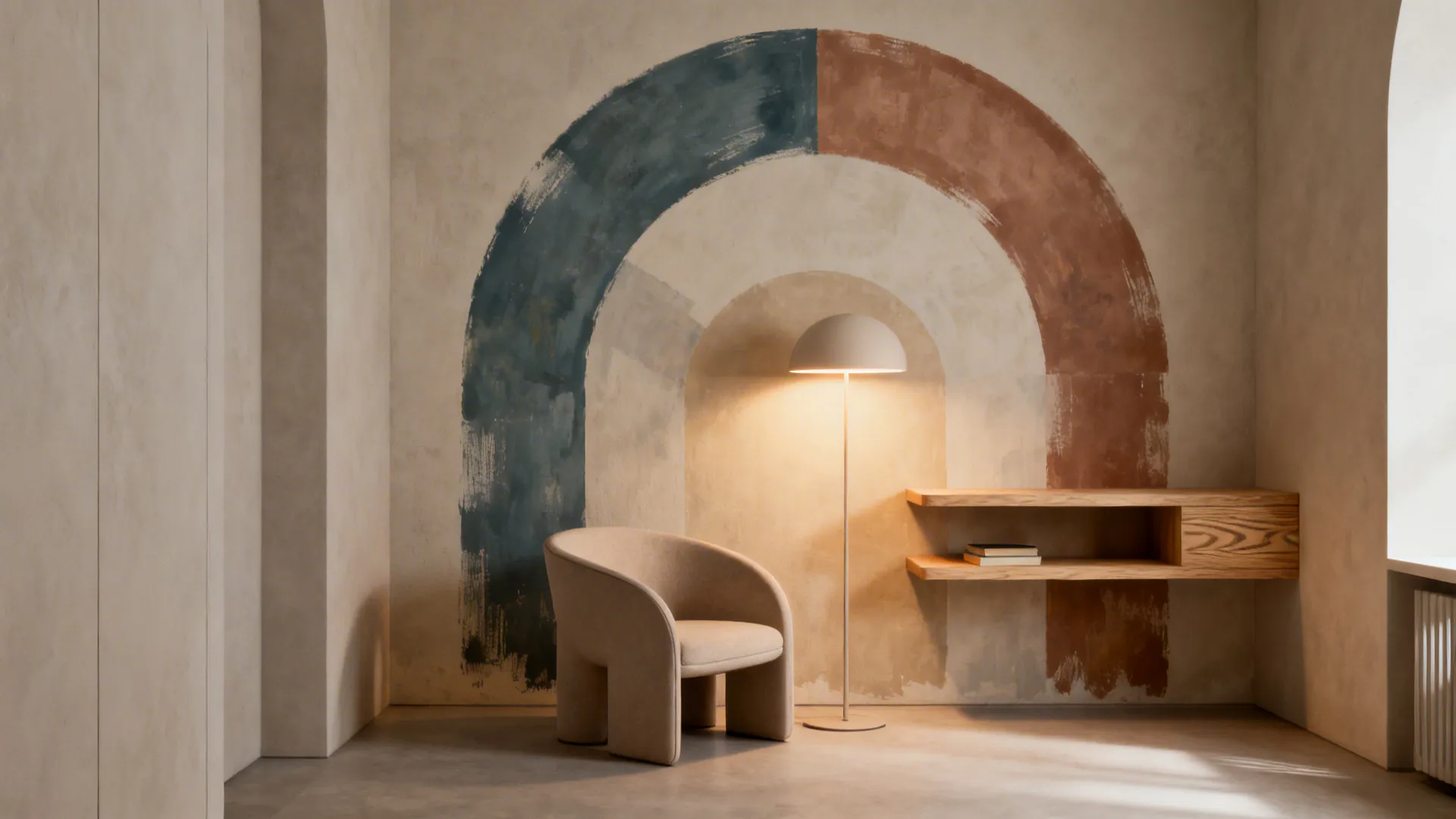 Corner reading nook with a simple painted geometric arc mural as a cozy backdrop.