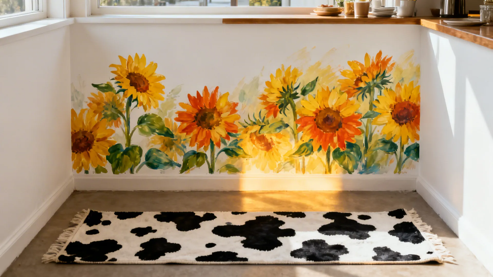 Before-and-after of a nook from plain wall to sunflower mural with cow-print runner.