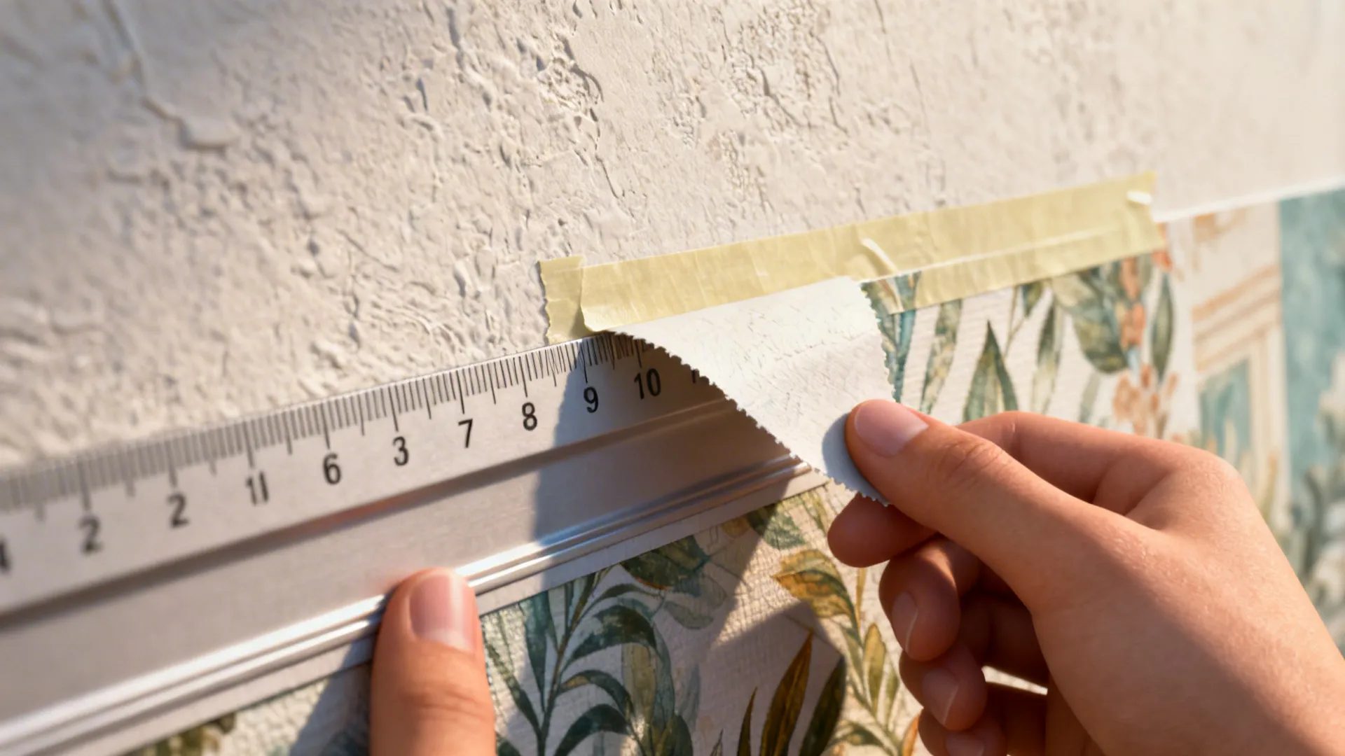 Hand peeling a removable mural sample next to a measuring tape to test scale and installation.