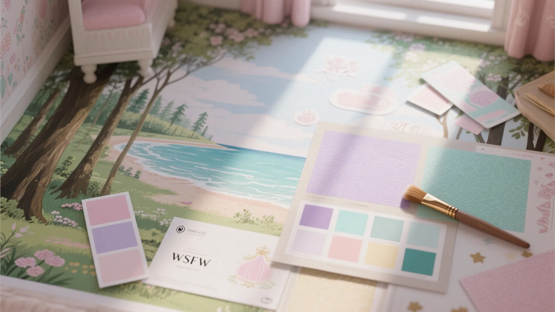 Landscape wall mural samples with paint brush color swatches and beach scene interior design sketches