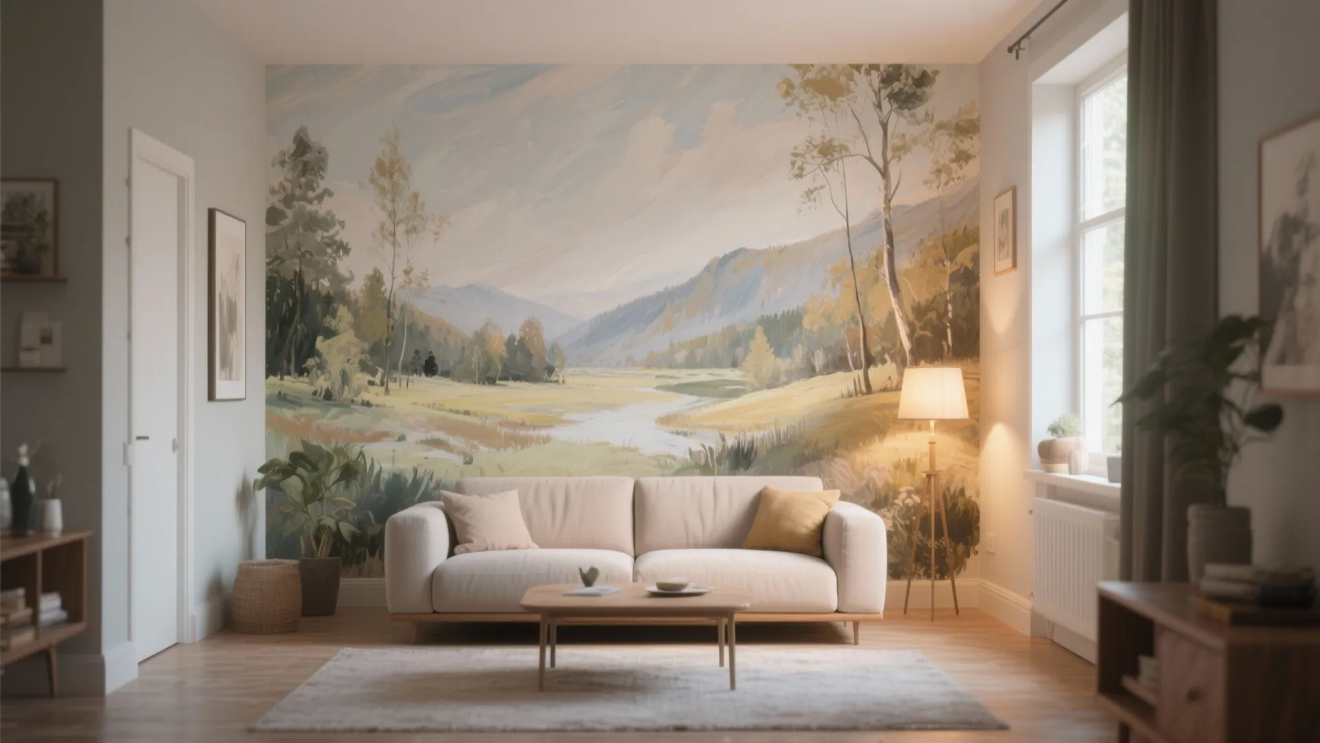 Modern living room featuring a large landscape mural wall with cream sofa and wooden coffee table