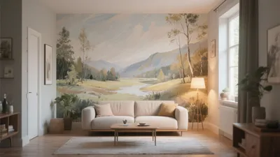 Scenic Wall Mural Living Room with Natural Light