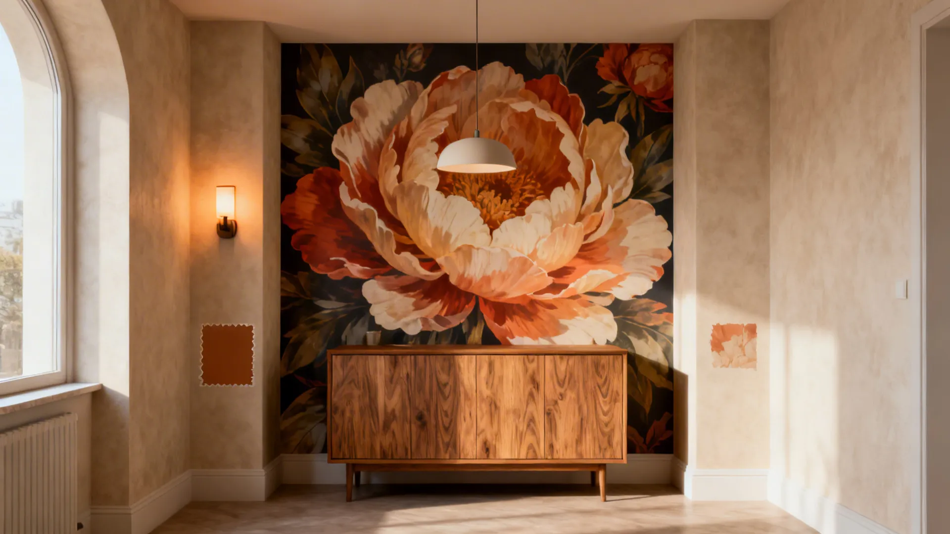 Dining nook with an oversized removable mural sticker and a visible test patch near a sconce.