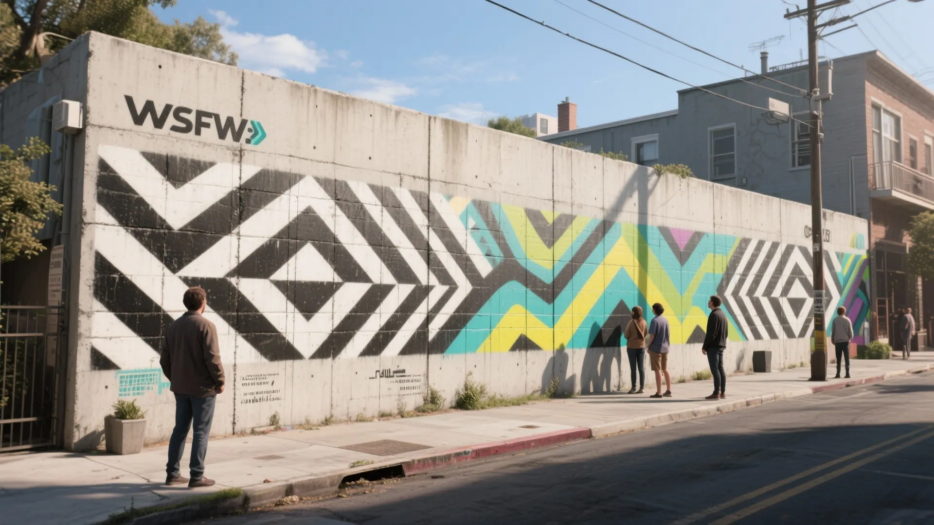 People stand on a sidewalk looking at a colorful geometric mural on a large concrete wall