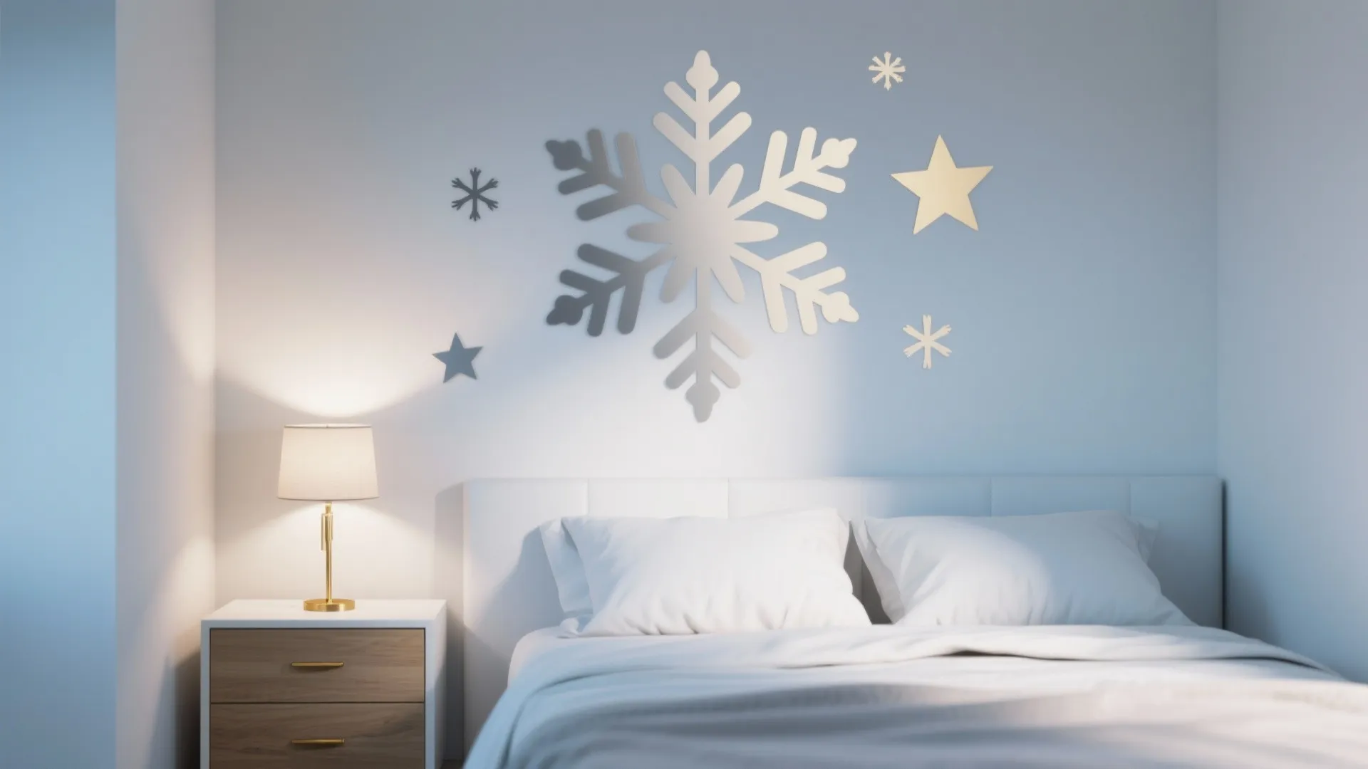 White bedroom featuring a bed with pillows, wooden nightstand, gold lamp, and snowflake wall stickers
