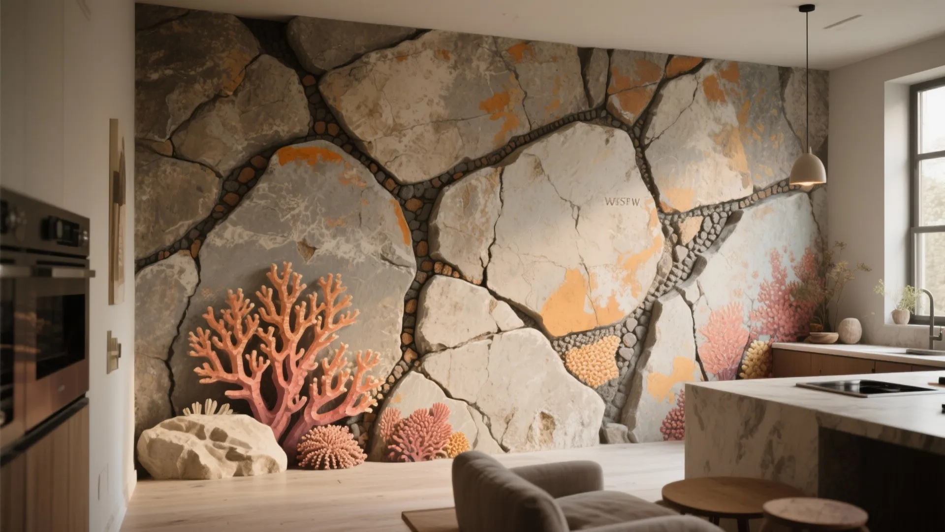 Modern kitchen area with large stone wall mural featuring orange accents and pink coral sculptures