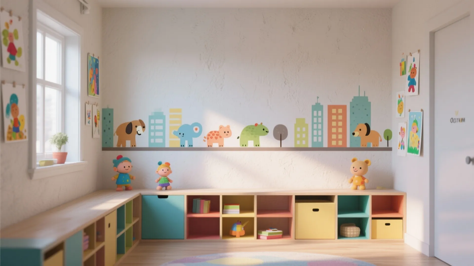 Child bedroom featuring animal wall stickers colorful storage cabinets wooden floor and natural sunlight view