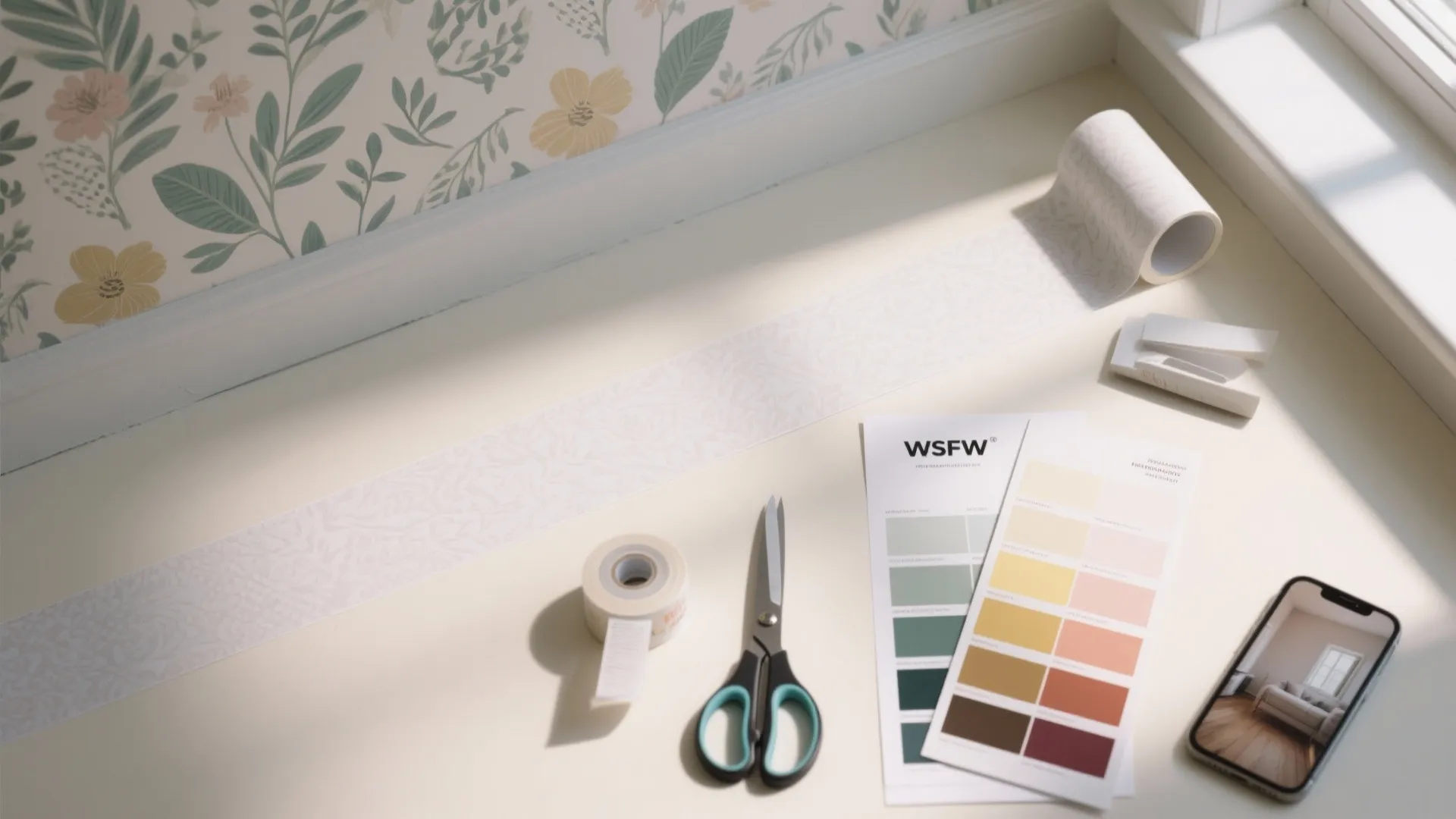 Flatlay of removable wallpaper strips, painted band swatches and tools for applying a peel-and-stick mural in a teen room.