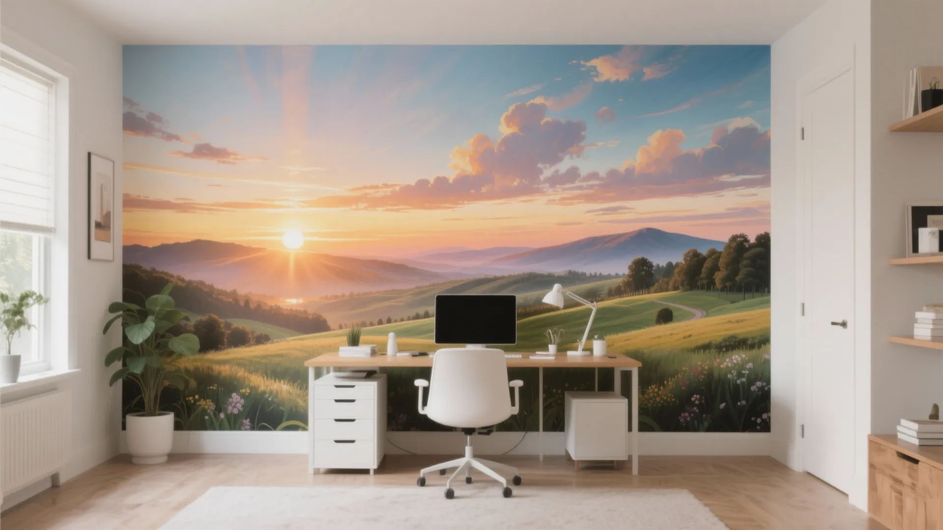 Home office with landscape wall mural white desk chair table light window and green potted plant