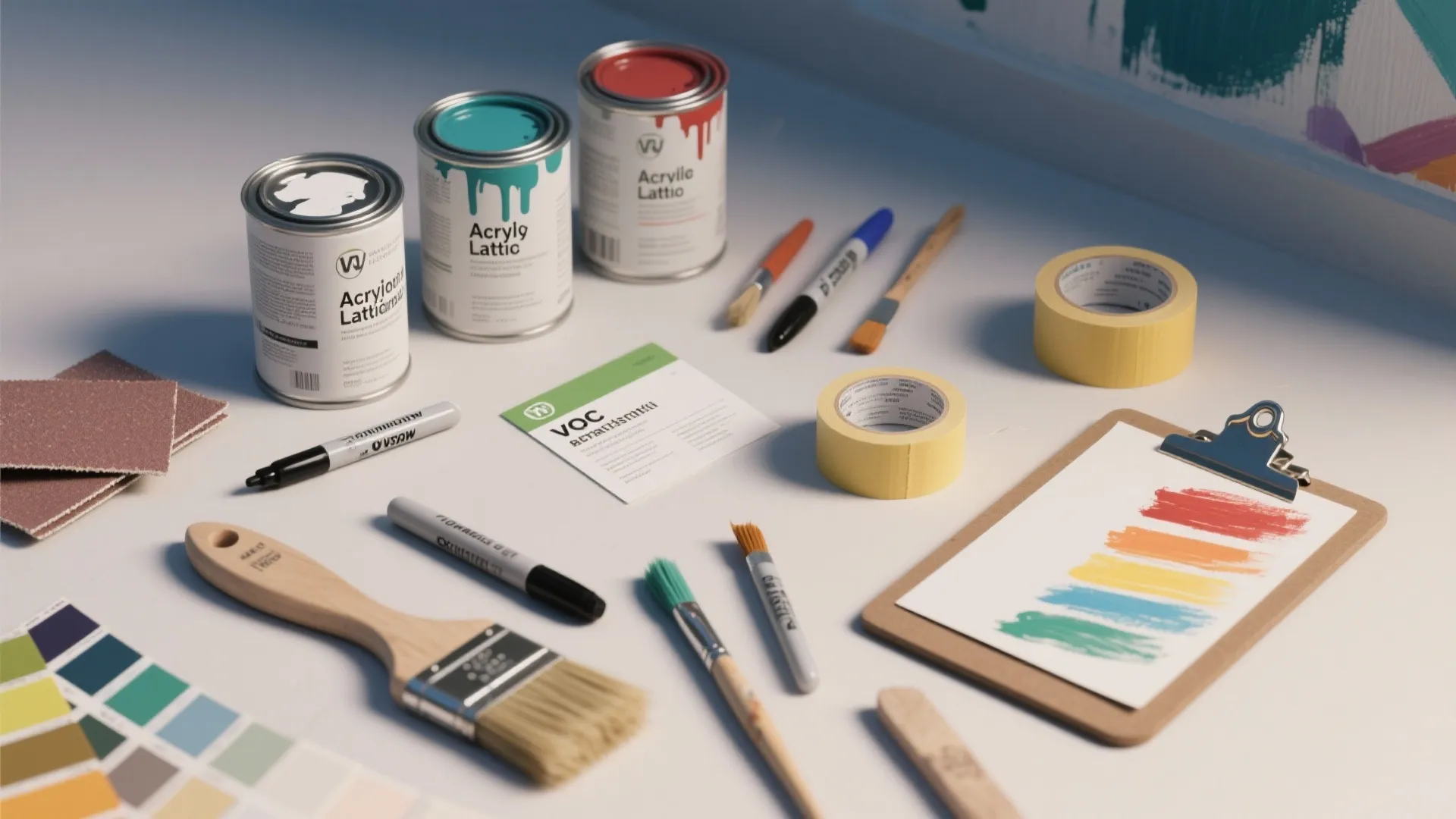 Painting supplies including paint cans brushes markers tape and color palette on a plain white