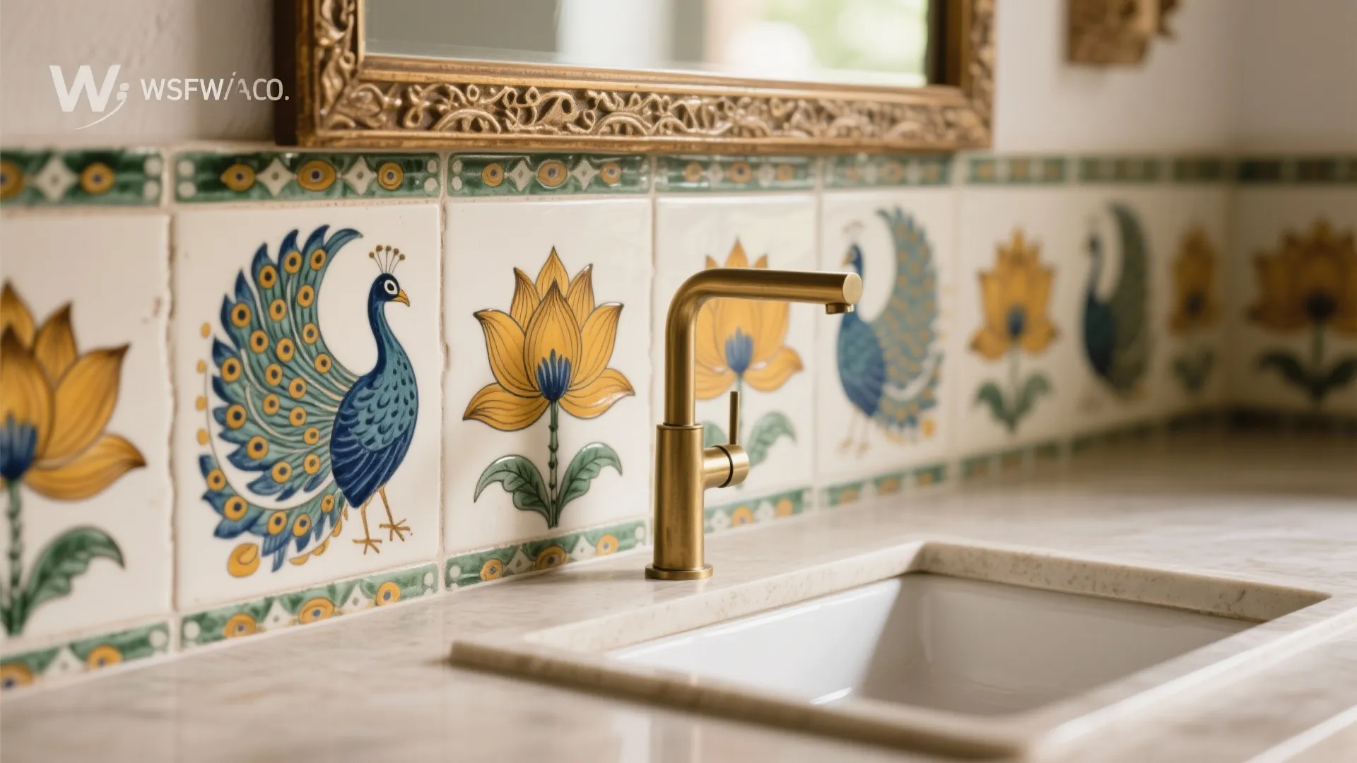 Close up of bathroom wall tiles with peacock patterns gold water tap and white marble sink