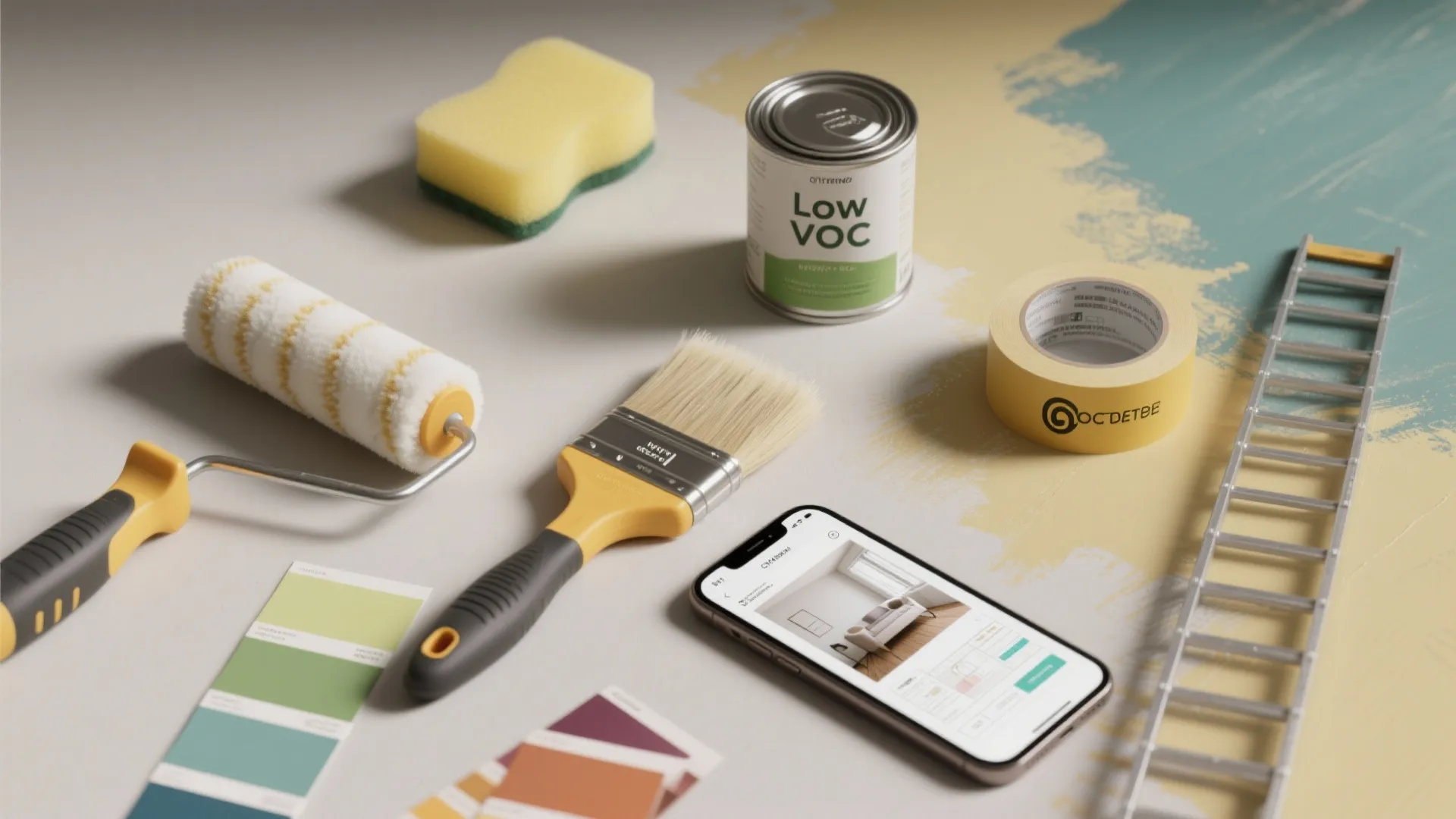 Flatlay of mural tools including rollers, brushes, sponge, painter's tape, low-VOC paint samples and a phone showing a digital mockup.