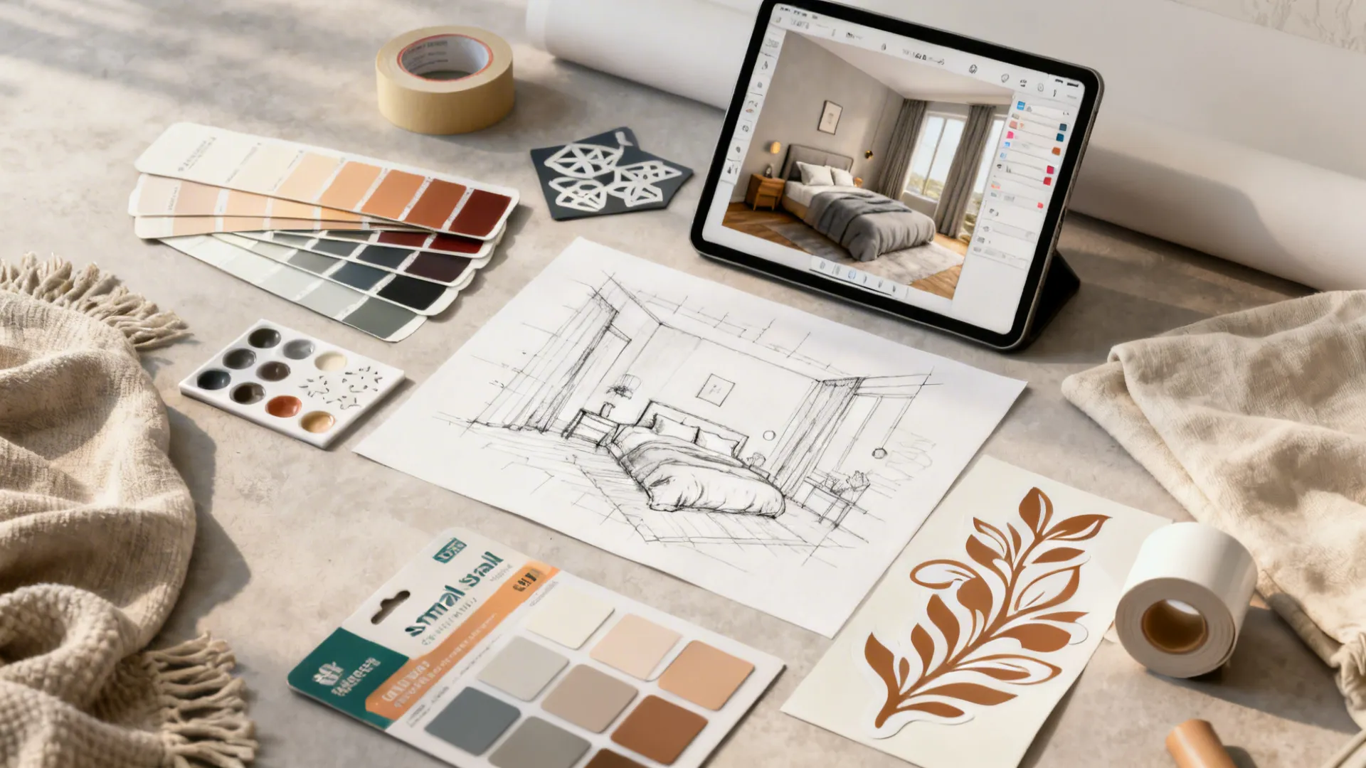 Flatlay of paint swatches, masking tape, stencils and a tablet with a 3D room planner for mural planning.