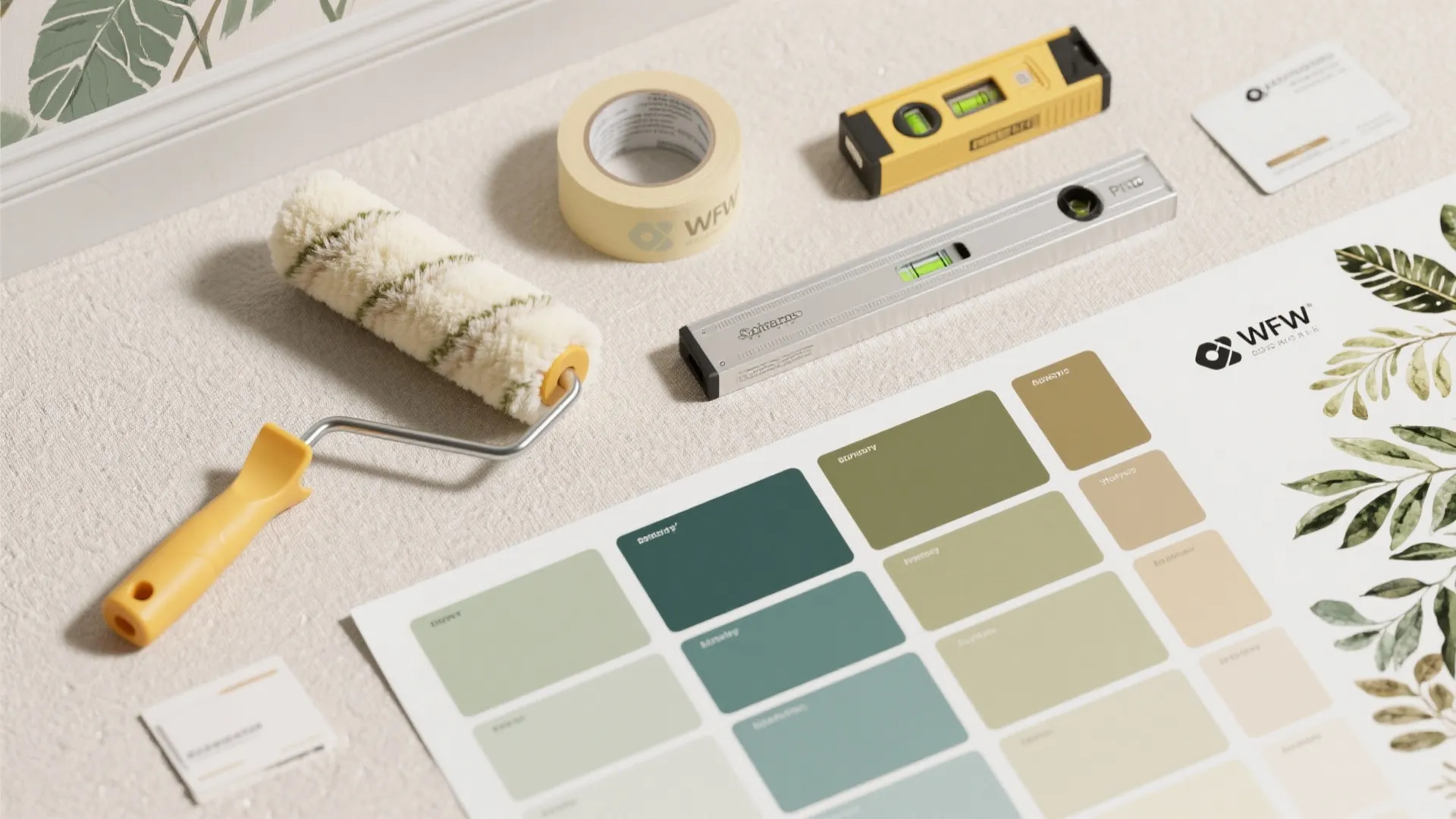 Interior painting tool kit with a paint roller, tape, level, and green color palette samples