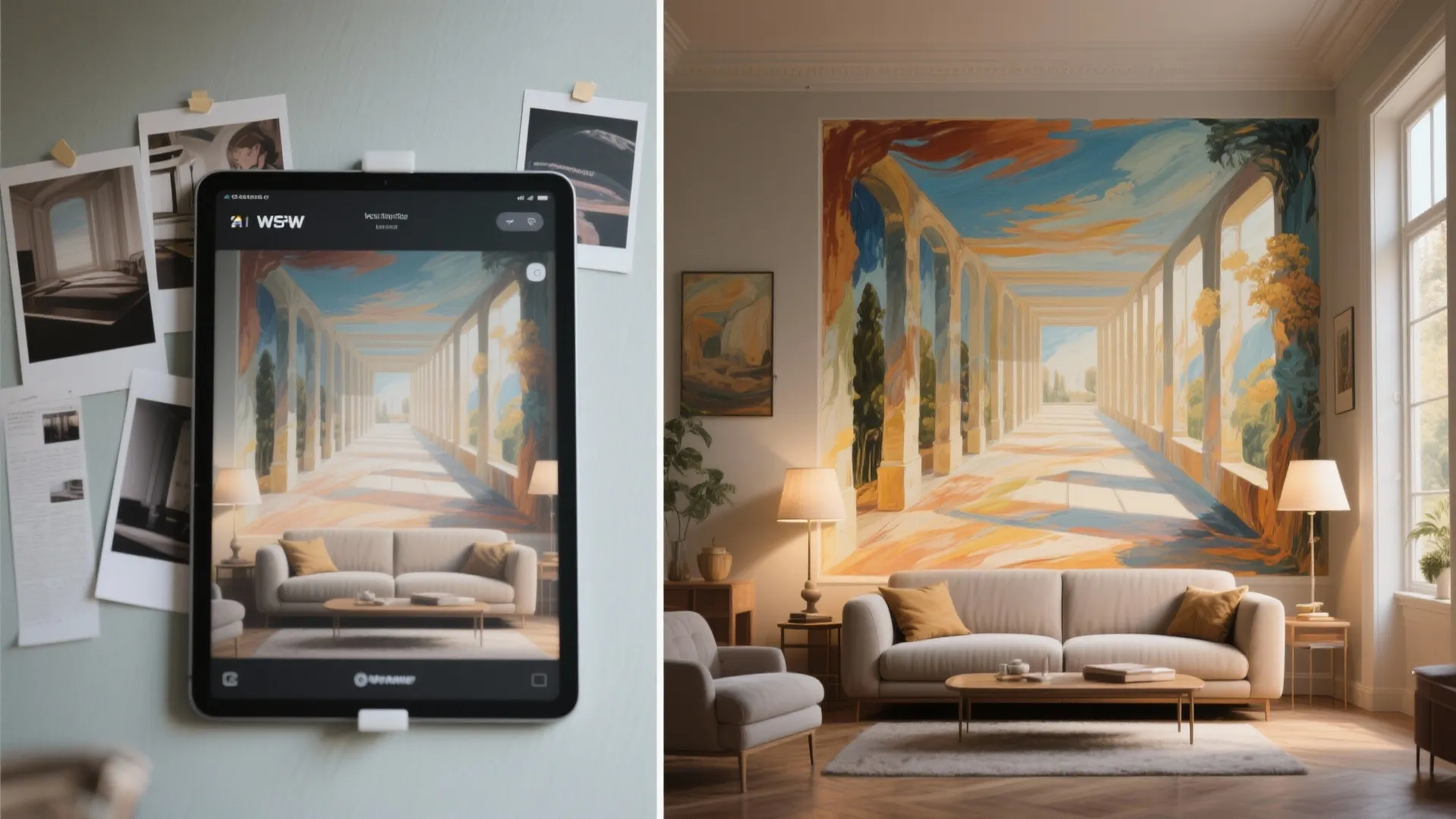 Living room with a large mural showing a long stone hallway and a beige sofa