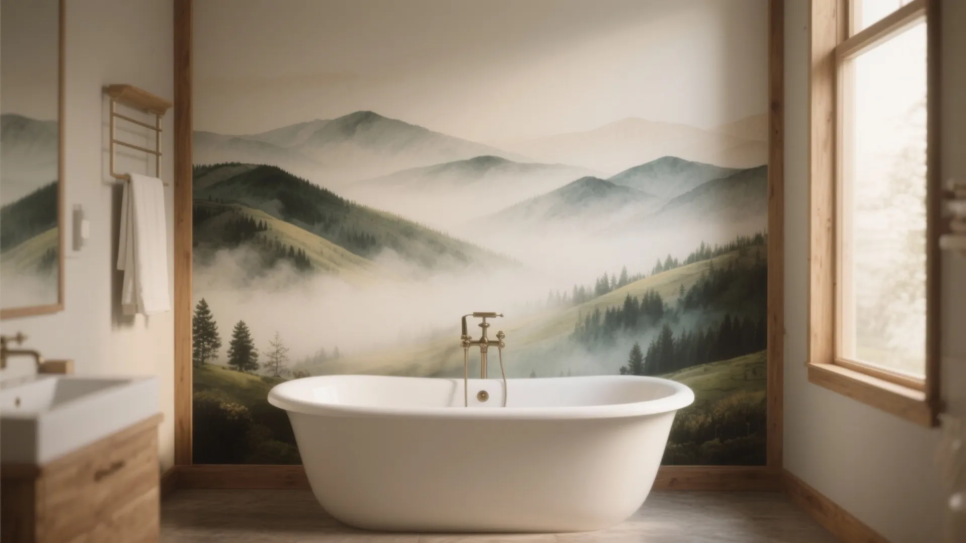 Modern bathroom with white bathtub against a large wall mural showing foggy green mountain landscape