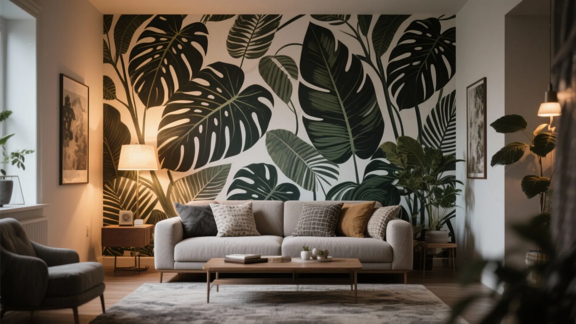 Modern living room with tropical leaf wallpaper behind a grey sofa with colorful throw pillows