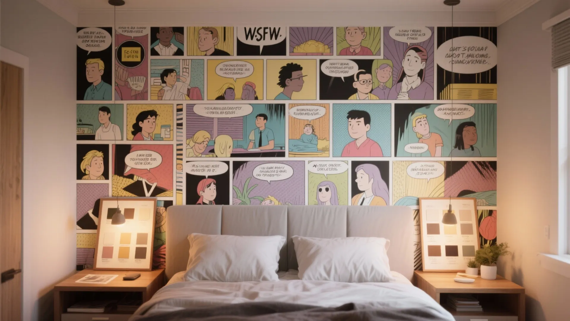 Bedroom with a semi-graphic comic-style mural on one wall and a removable wallpaper sample on a table.