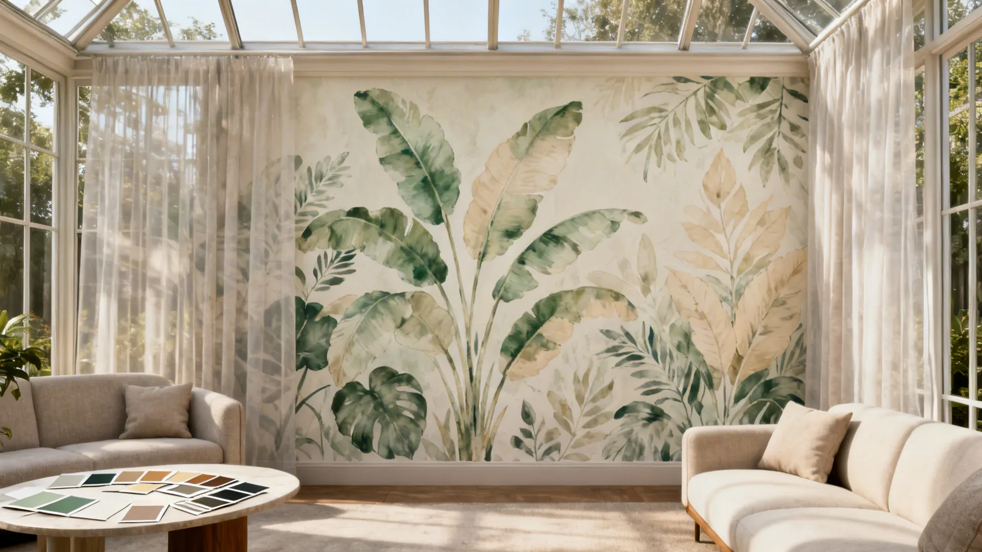 Living room with a subtle large-scale botanical mural and neutral furnishings for balance.