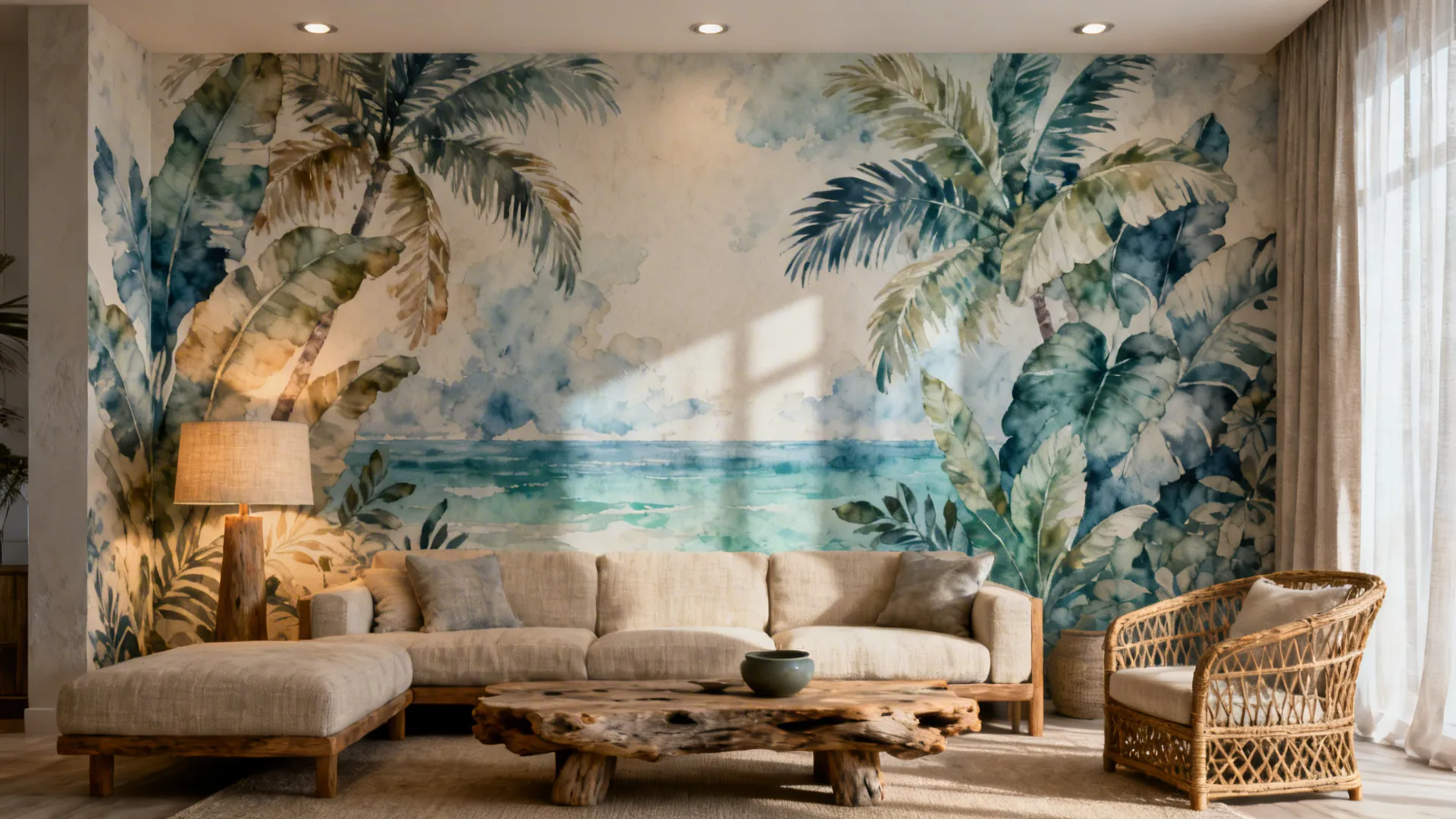 Living room with tropical beach wall mural palm trees sofa wooden coffee table and chair