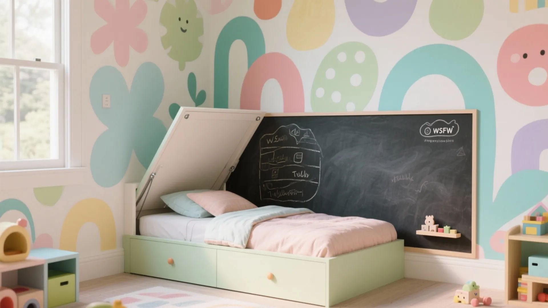 Fold-down wall bed hidden behind a painted mural and chalkboard in a combined playroom and bedroom.