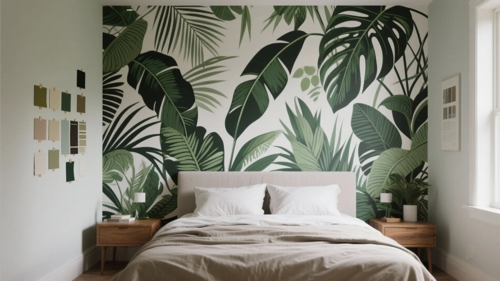 Bright bedroom with a large green leaf pattern wallpaper behind a comfortable bed and wooden tables