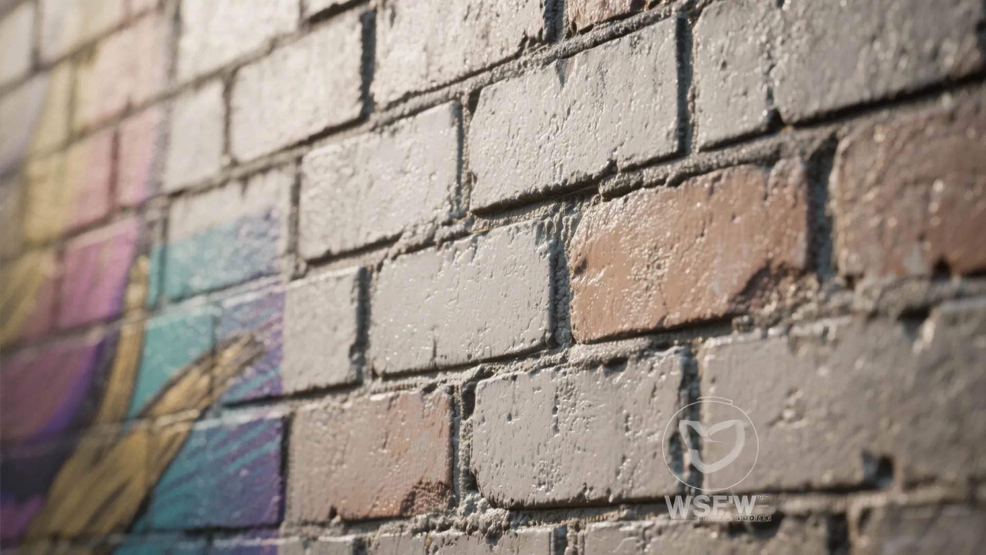 Textured white brick wall surface showing close up details of colorful mural paint and mortar lines