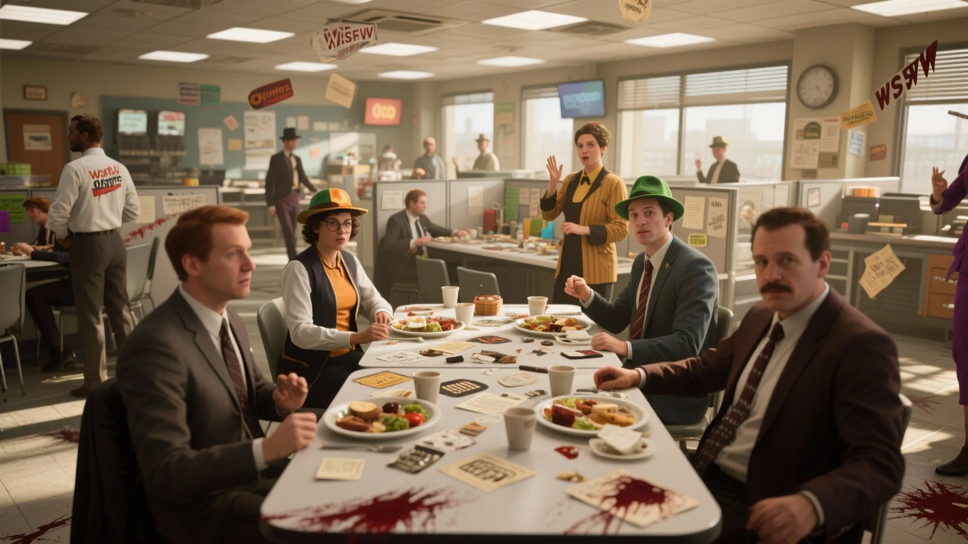 Office workers in vintage costumes sit at a long table eating lunch with mystery decorations