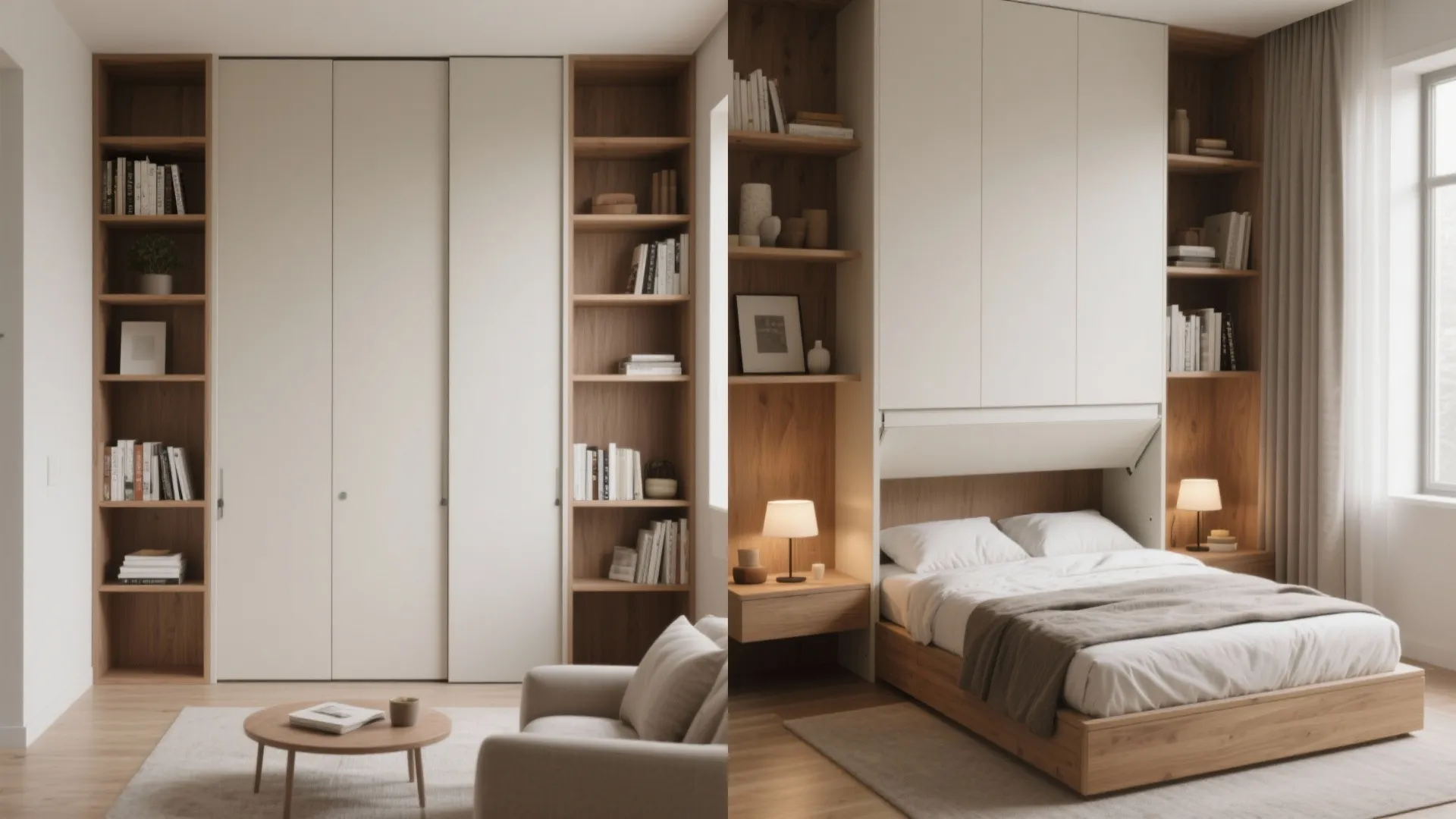 Split view of a Murphy bed closed as a bookshelf and open as a bed in a compact room.