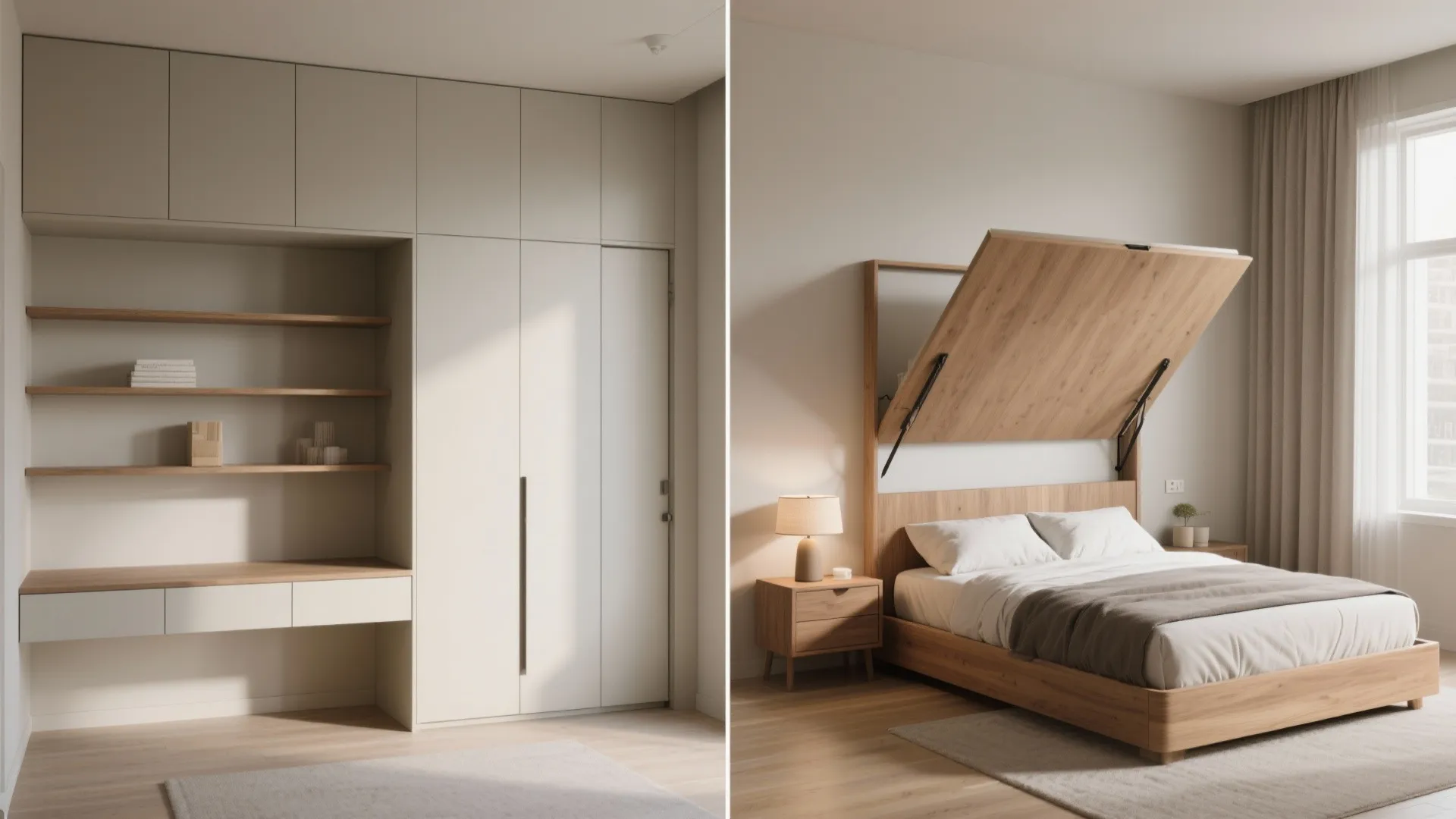 Before-and-after view of a built-in Murphy bed: closed wall storage versus bed pulled down for sleeping.