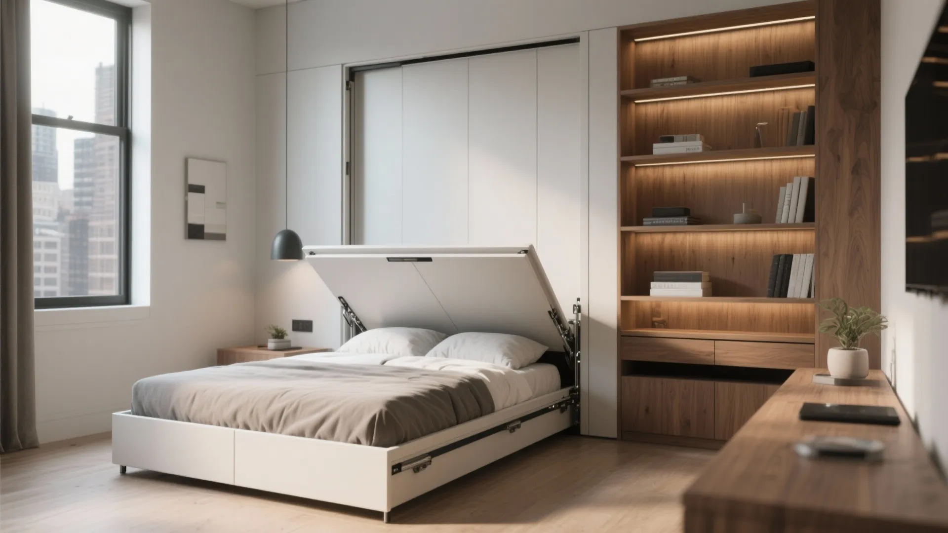 White wall bed partially opened in modern bedroom next to wood bookshelf with warm lights