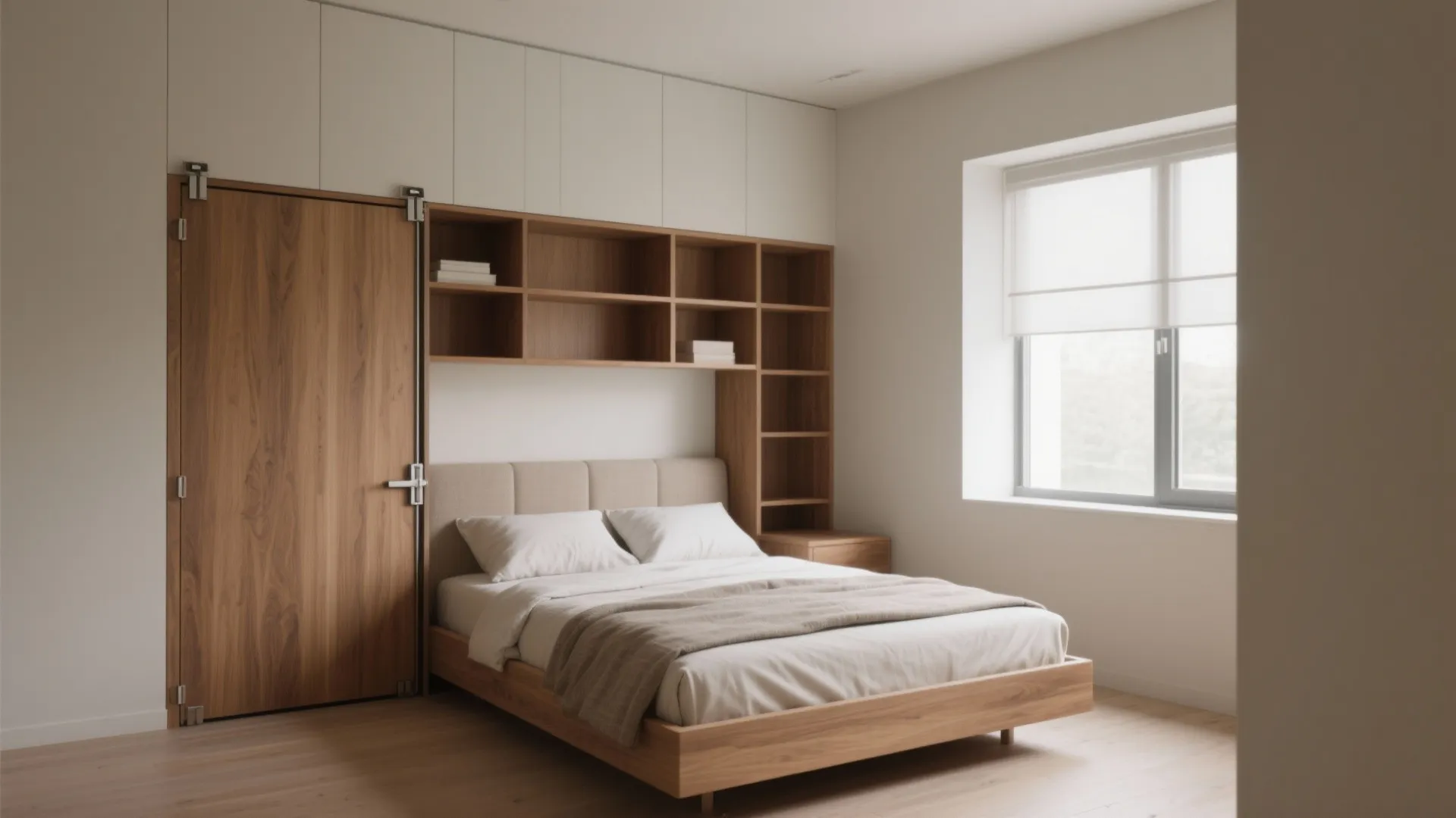Compact bedroom with a closed Murphy bed integrated into built-in shelving and warm wood accents.