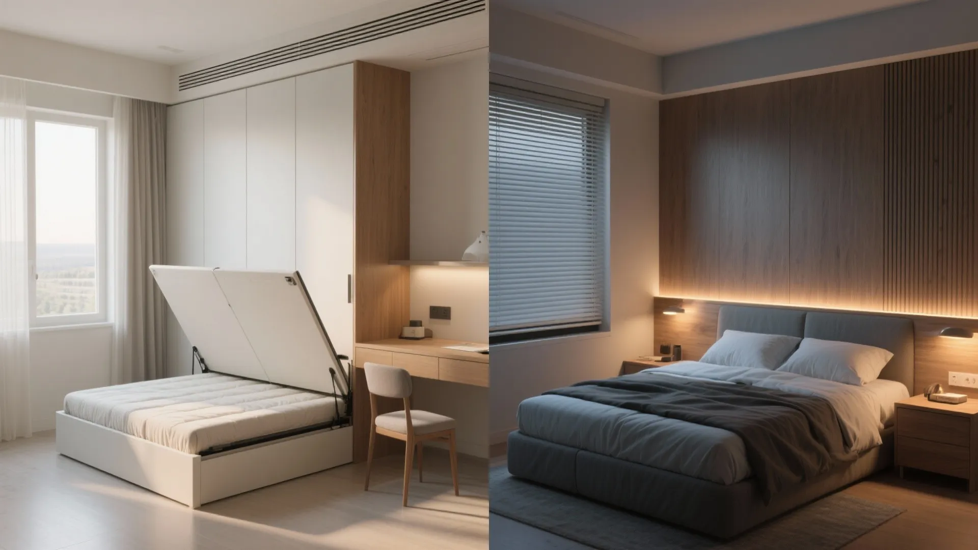 Two-panel view: day with Murphy bed folded and desk open, night with bed down and warm lighting.