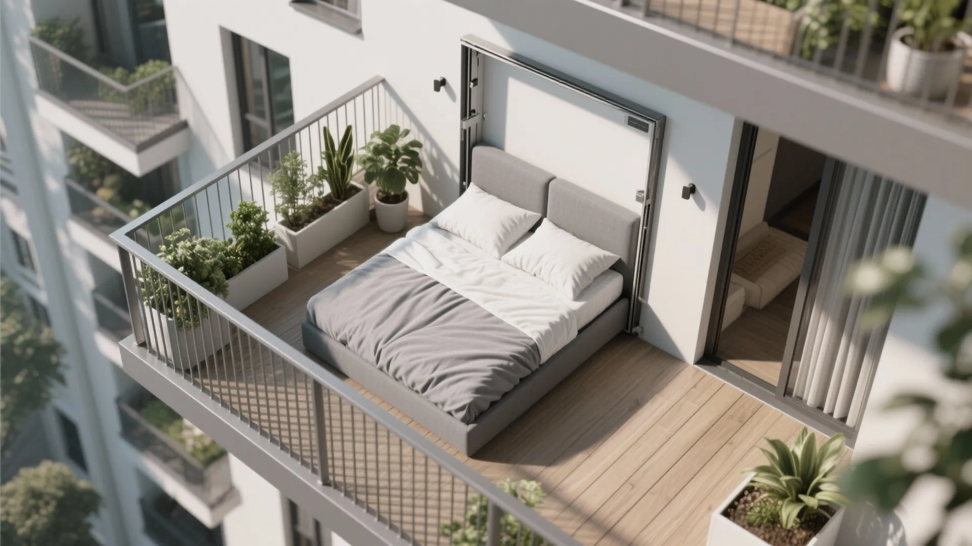 High rise balcony with foldable bed grey mattress white pillows wooden floor and green potted plants