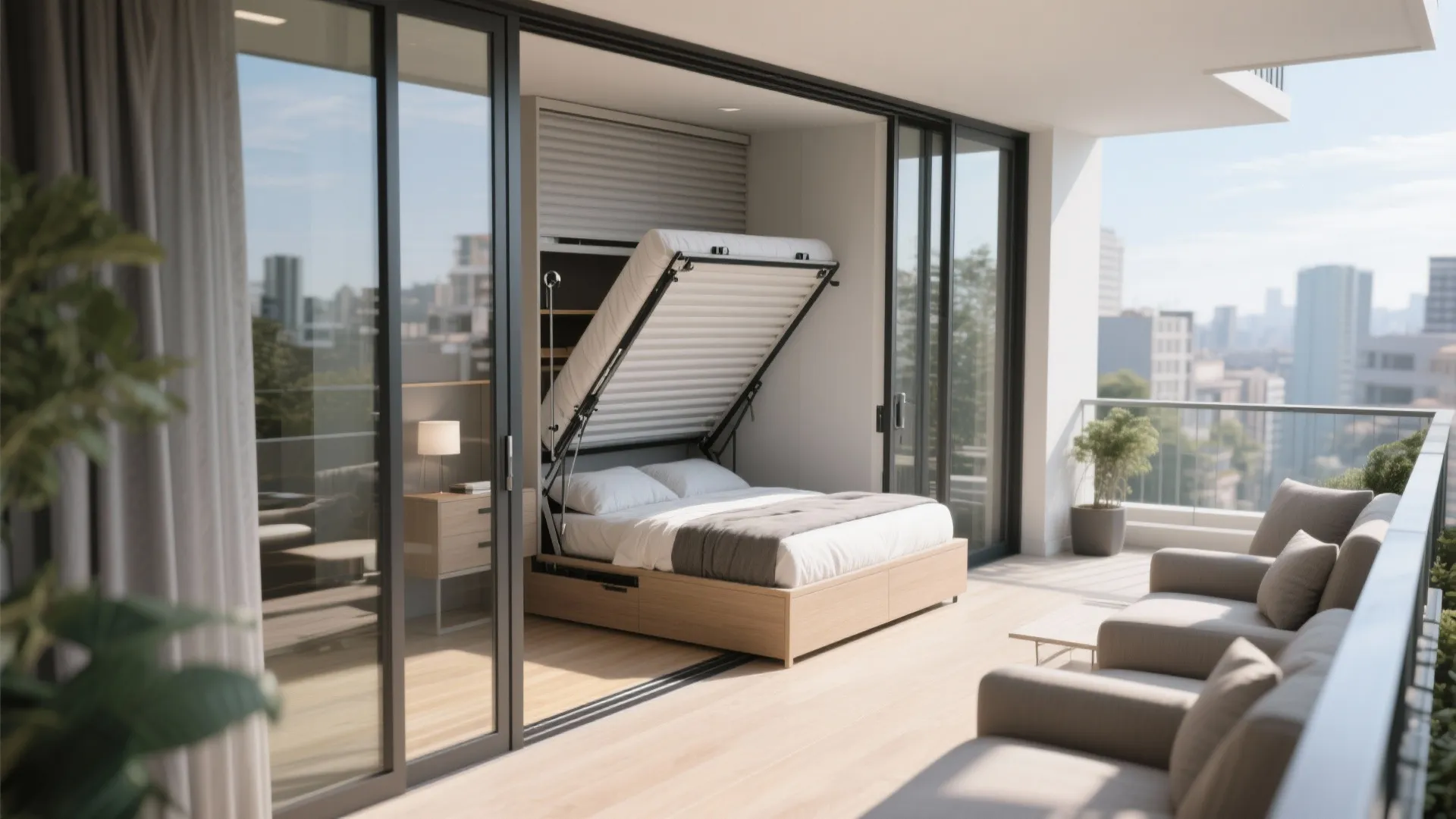 Fold-down Murphy bed on a balcony with sliding doors, showing convertible lounge and sleeping functions.