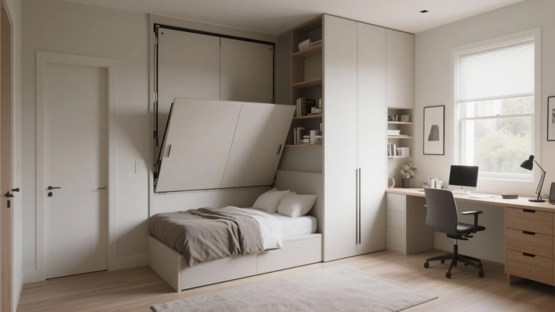 Modern white bedroom featuring a space saving wall bed system with integrated desk and storage cabinet