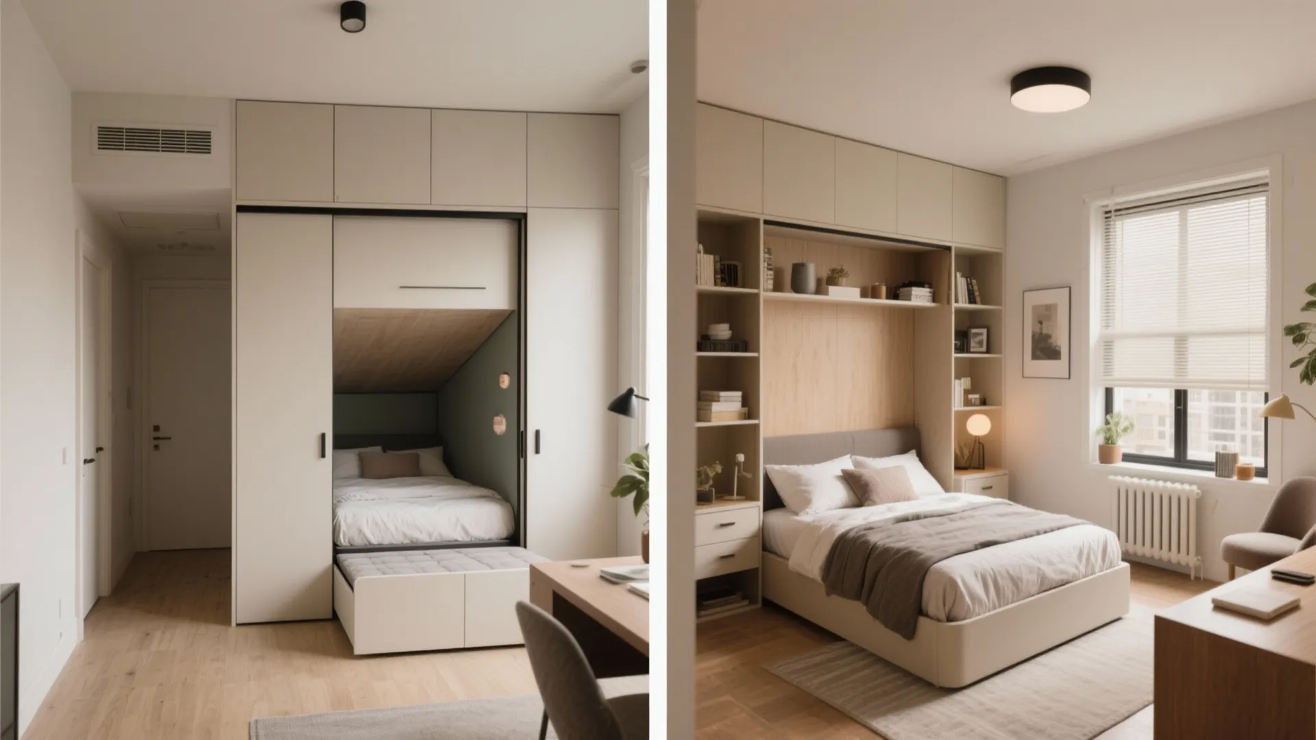 Studio space before and after Murphy bed unfolds to reveal sleeping area