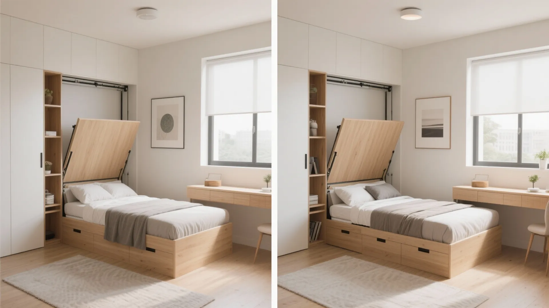 Small bedroom before and after with Murphy bed