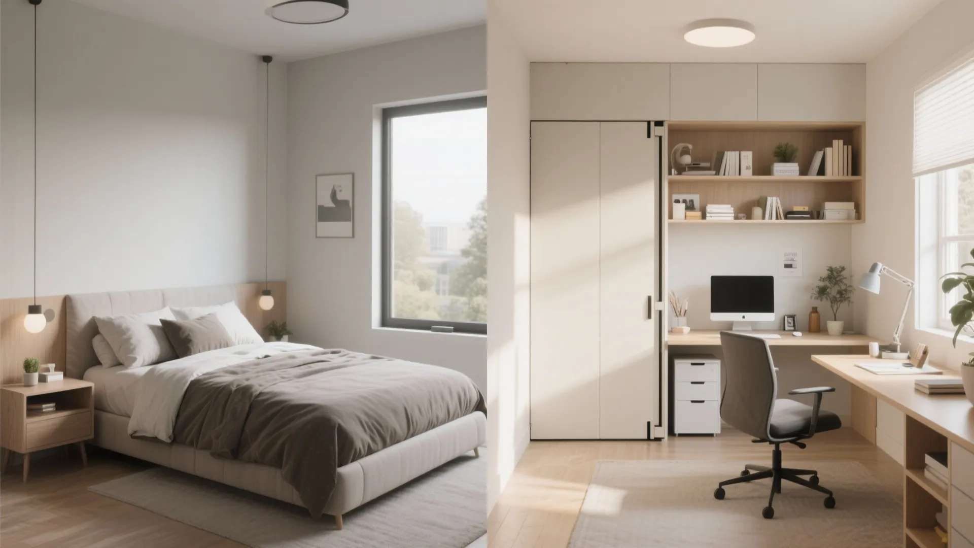 Before and after comparison of a simple bedroom and a functional home office with desk