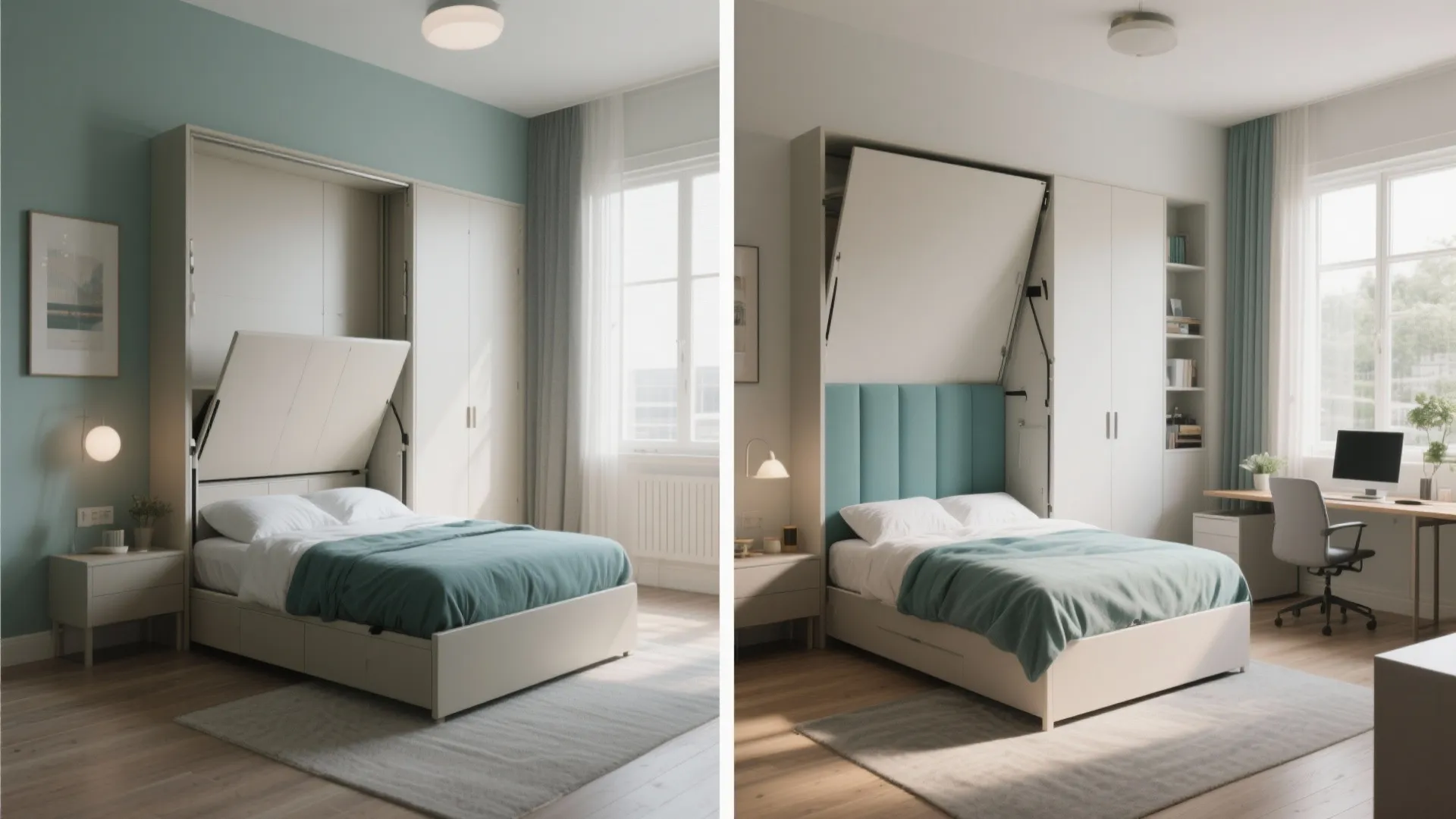 Before and after comparison of a guest bedroom transformed into a functional home office with bed