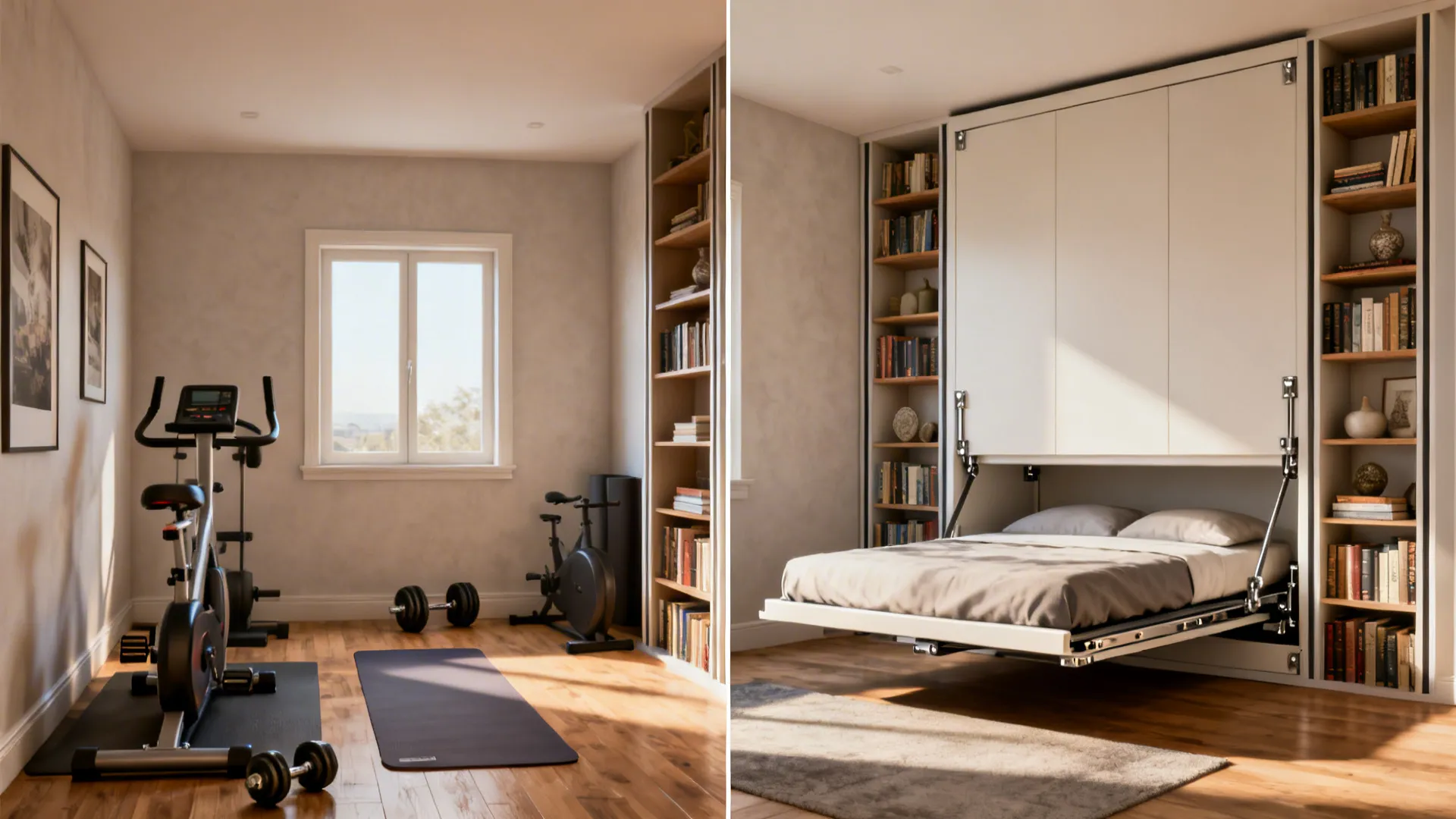 Before-and-after of a small room transformed with a Murphy bed flanked by slim shelving units