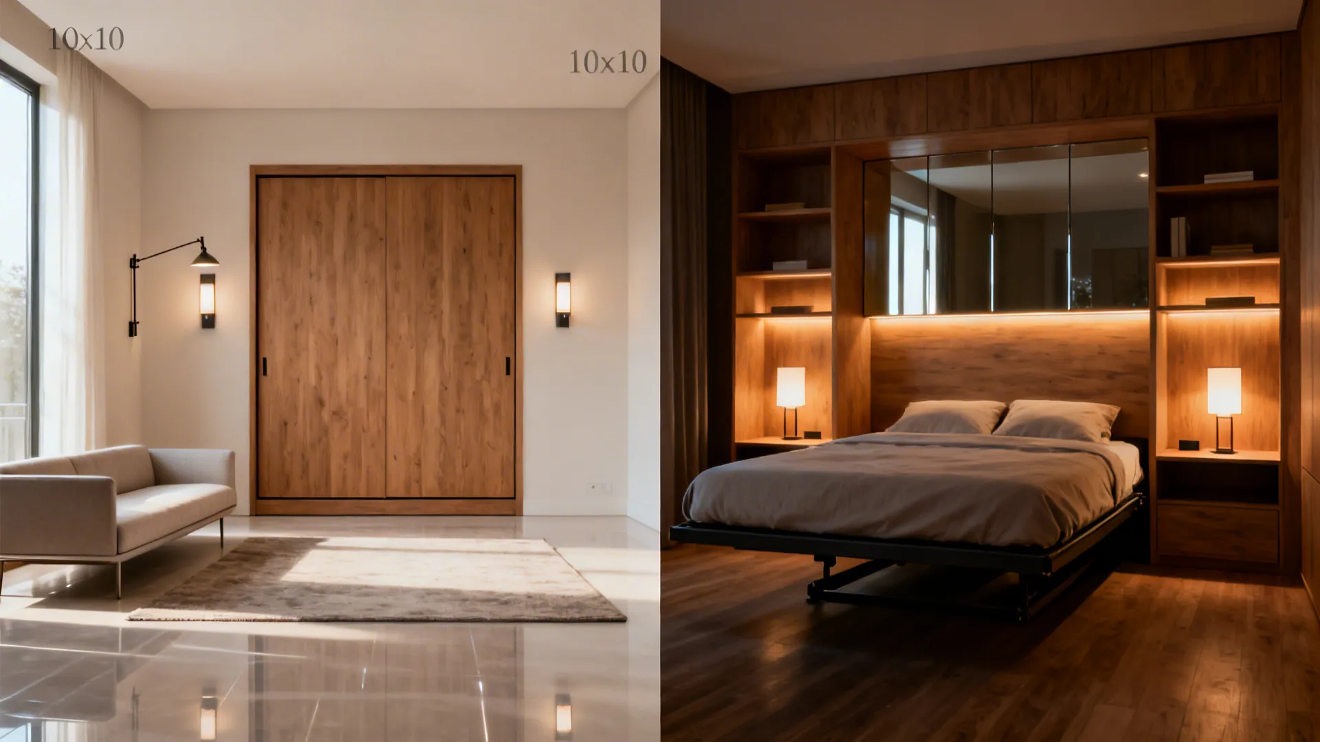 Day and night views of a 10x10 with a queen wall bed and sofa front showing dual function.
