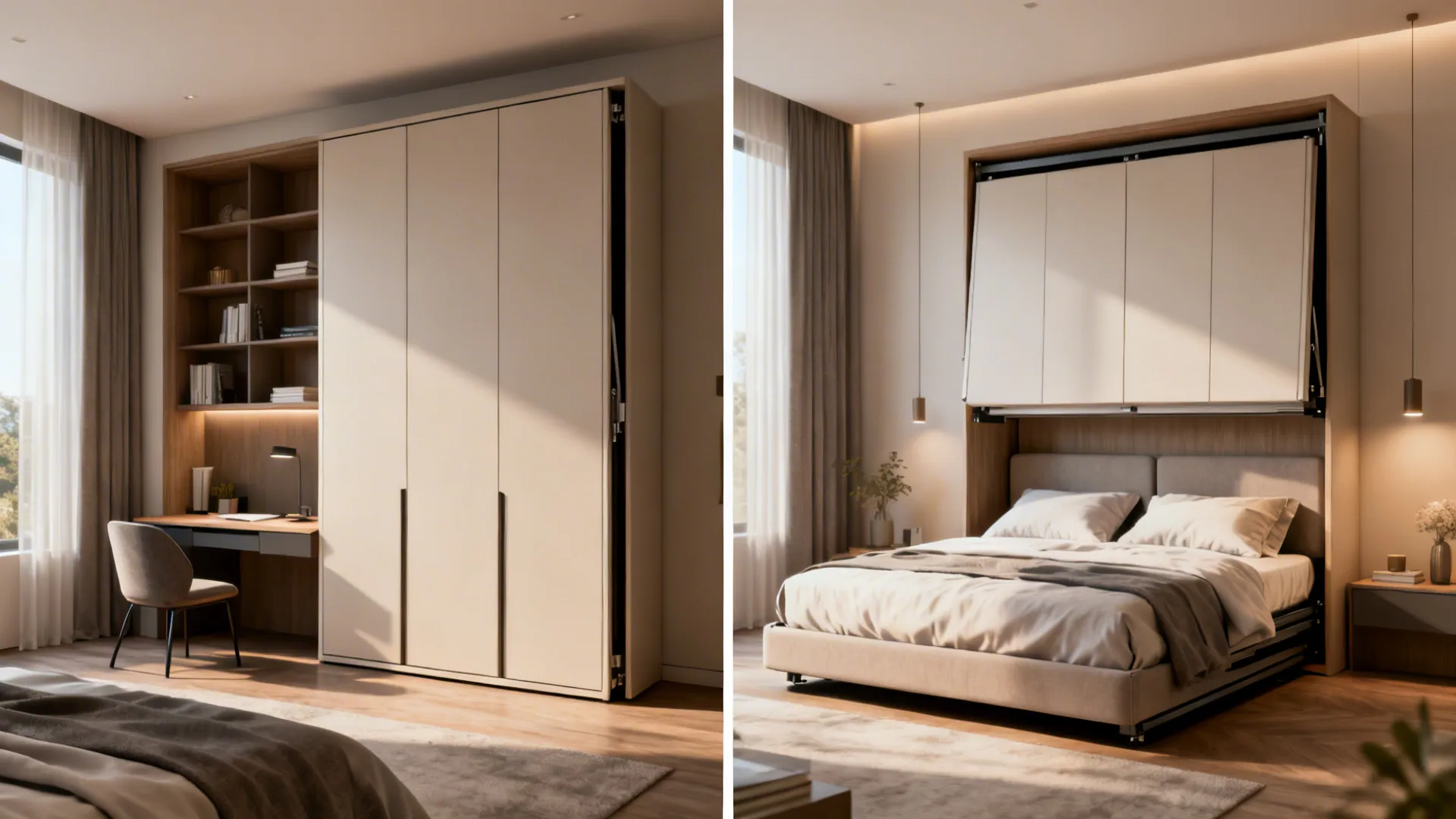 Before-and-after of a room: folded-up Murphy bed as office, and folded-down double Murphy bed for sleeping.