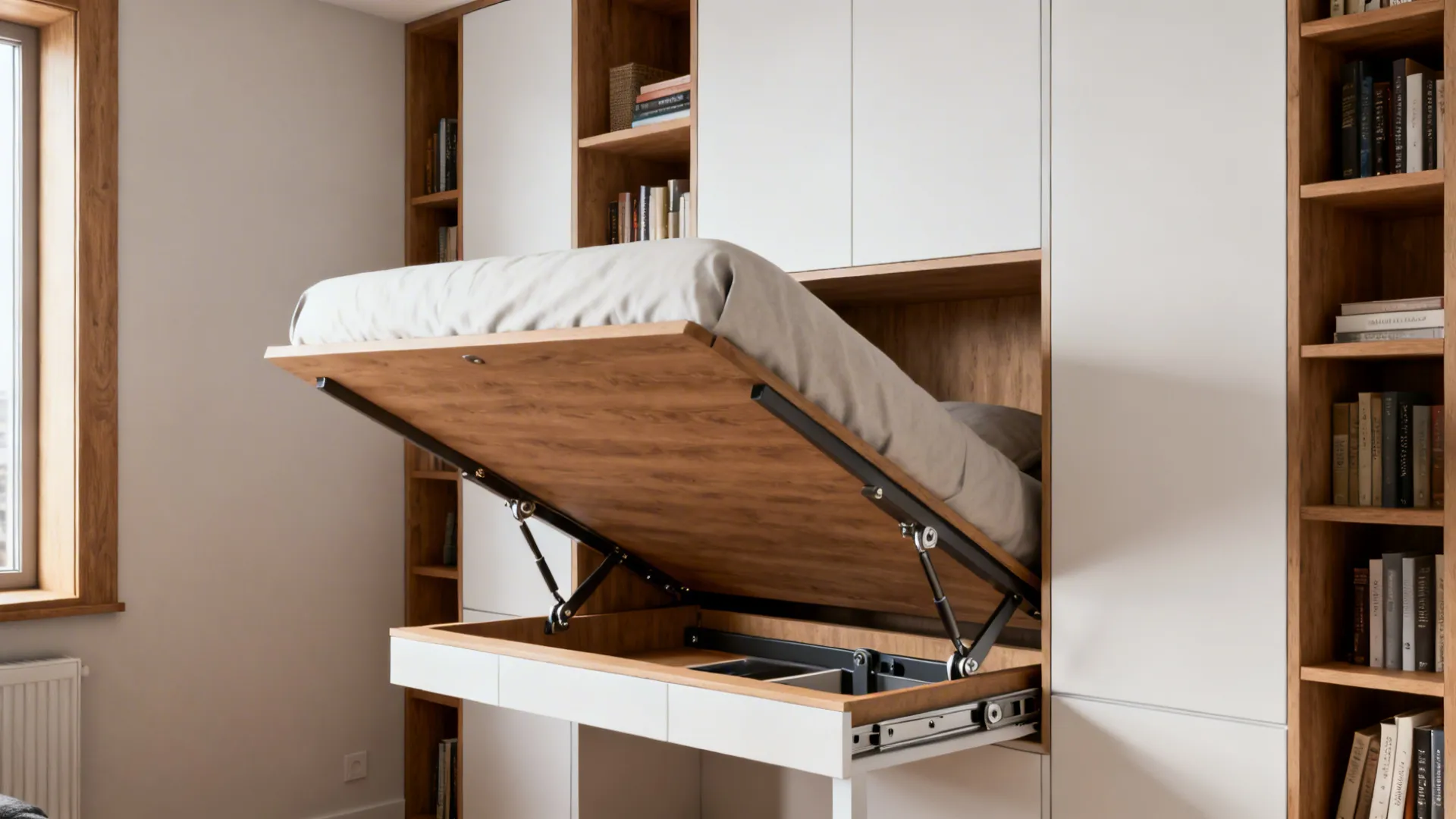 Murphy bed folded into a bookshelf above a compact desk in a small apartment
