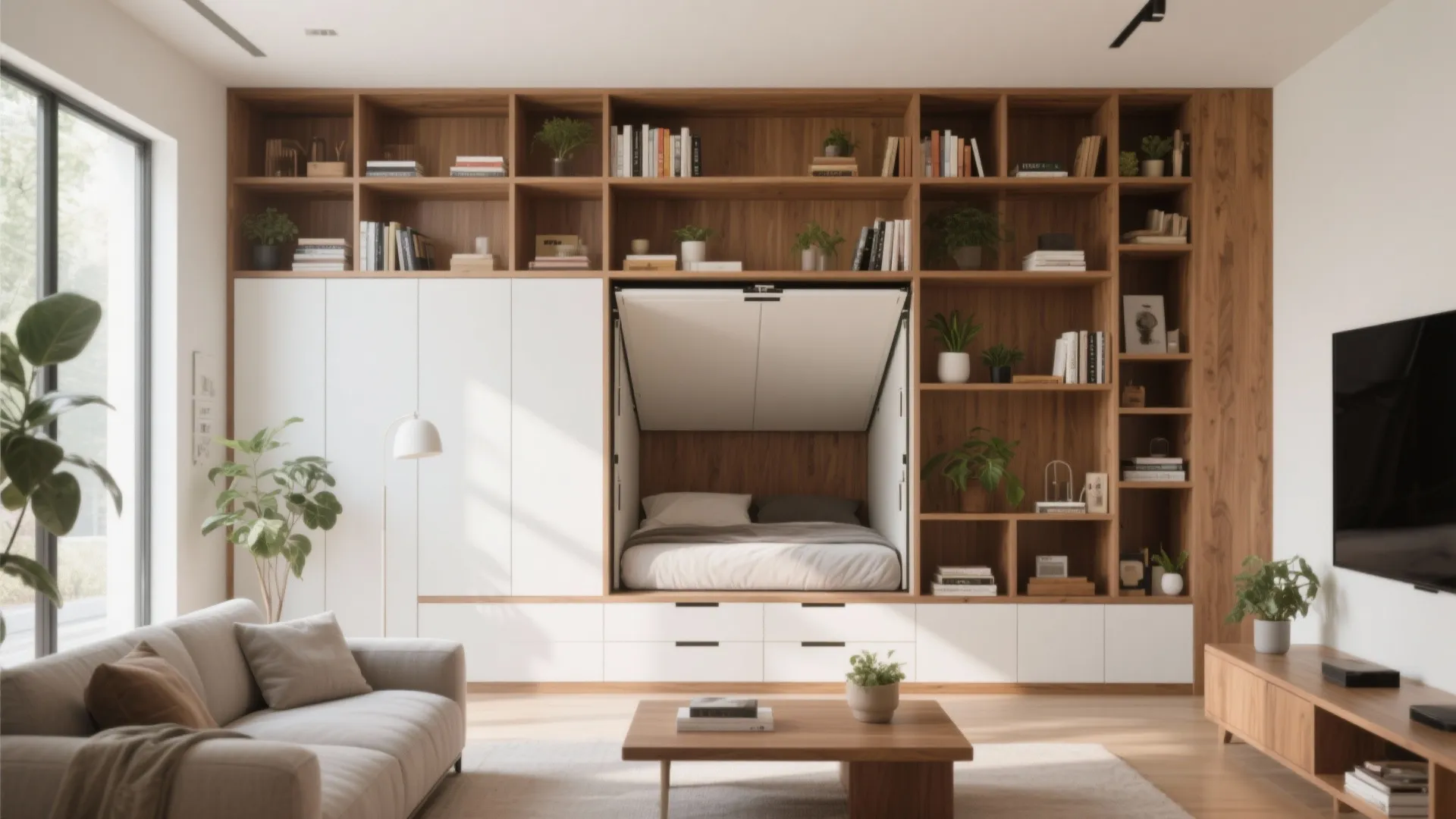 Living room with custom wall shelving concealing a Murphy bed